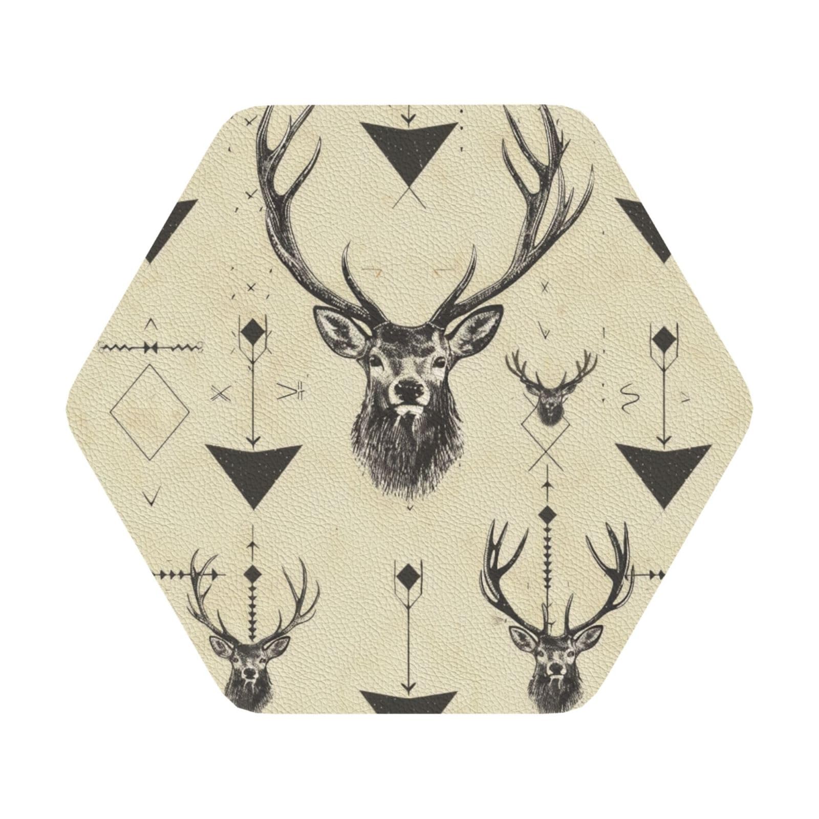Hunting Arrows Triangles Deer Print Leather Coaster Set of 6, Hexagon Coasters Table Decorative Coffee Cup Beverage Coasters Wine Beer Bar Coasters for Hot Drinks Table Protection