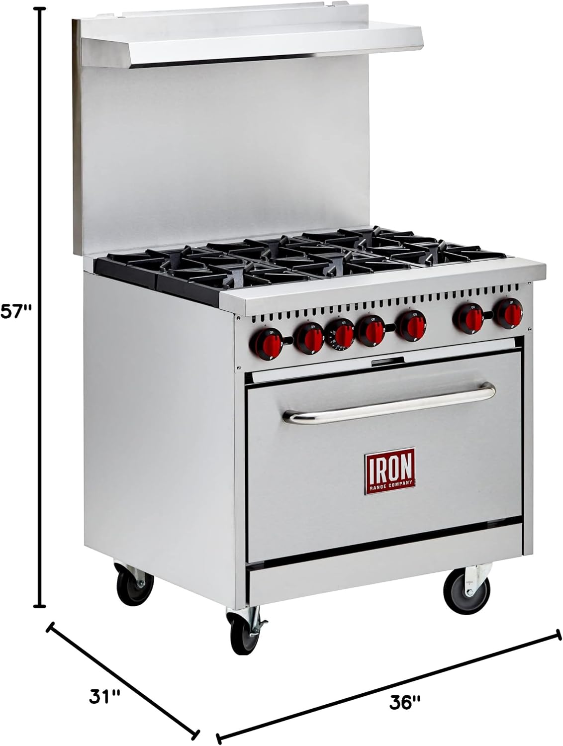 Iron Range IR-6B 36" Six Burner Commercial Gas Range with Oven Base, Stainless Steel, 210,000 BTU, ETL Listed
