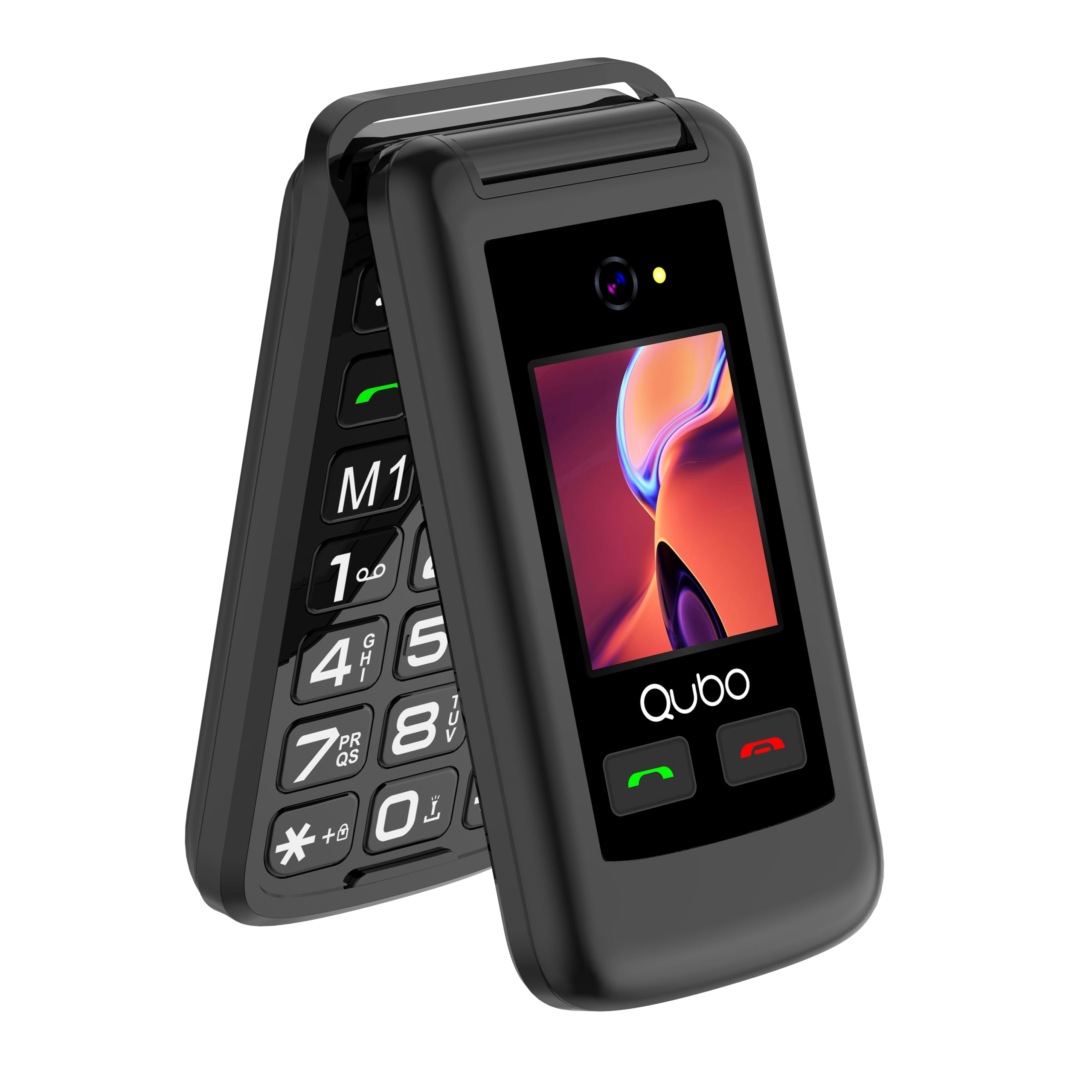 Qubo Teléfono móvil plegable para personas mayores GSM, teléfono móvil para personas mayores, pantalla de 2,4 + 1,77 pulgadas, alto volumen, función SOS, soporte dual SIM, llamada rápida, radio FM