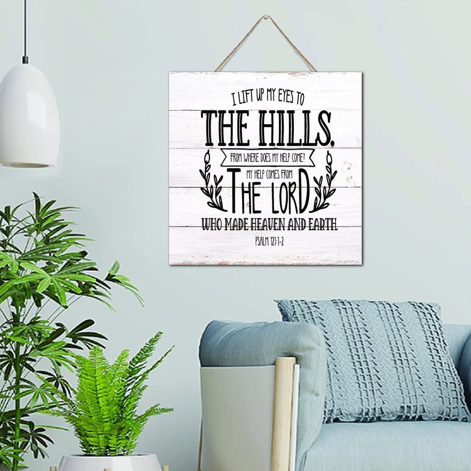 Plaque murale en bois cadeau baptême verset I Lift Up My Eyes to The Hills