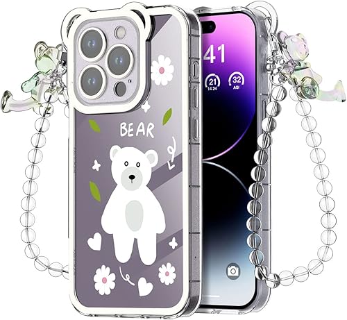 AICase Funda para iPhone 14 Pro Max linda para mujeres y niñas, funda transparente Kawaii con correa de muñeca y protección para cámara, bonita
