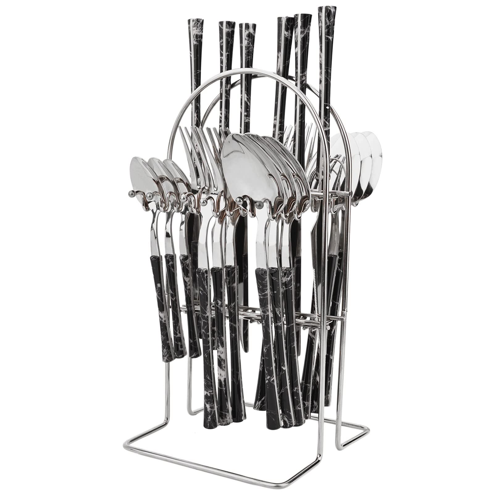 Besteck-Set mit Kunstkeramikgriff, Edelstahl-Küchenbesteck-Set mit Organizer, 24-teiliges Besteck (Color : 24Pcs Black Gold-Box) (24pcs Black Silv)