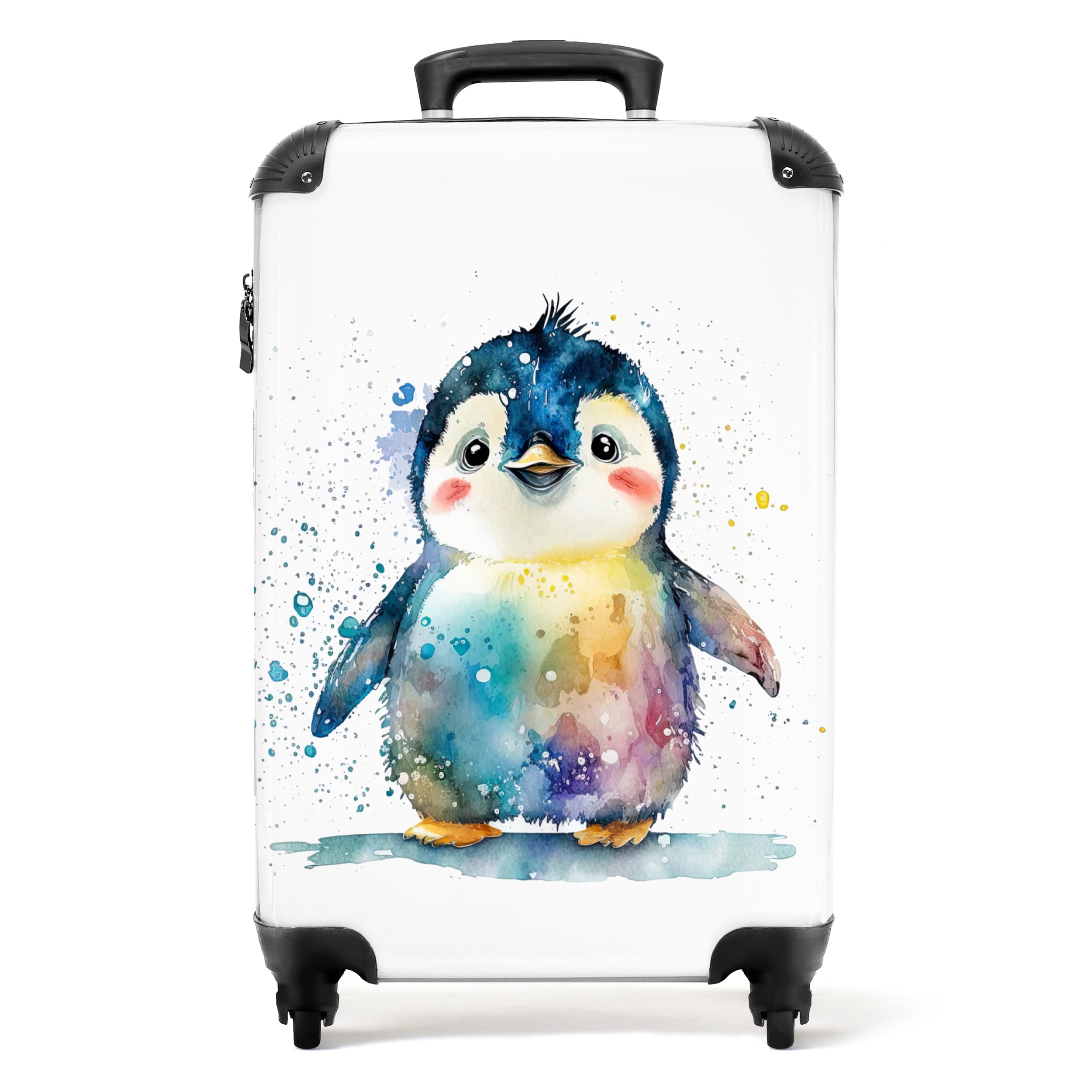 NoBoringSuitcases.com Maletas para Niños, Maleta Niño, Maleta Niños con Ruedas, Maleta Cabina Infantil, Maletas de Viaje Infantiles, Equipaje de Mano (55x40x20 cm), (Pingüino en Acuarela - Blanco)