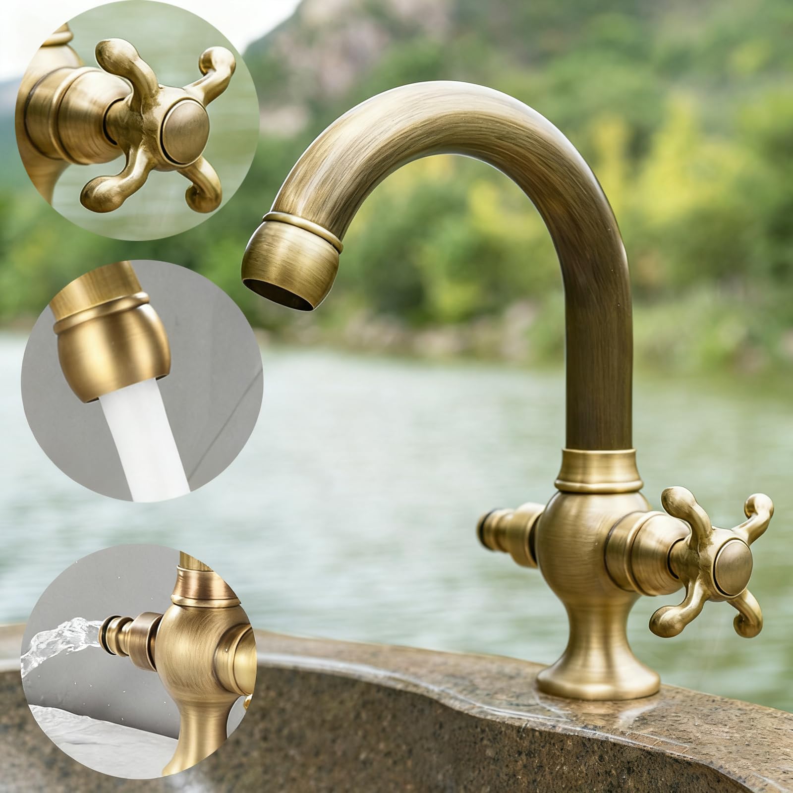 Grifo Exterior Jardin Antihielo Grifo Lavadora Doble Salida 1/2 Grifos Mezclador De Un Solo Orificio Latón 1 Mando,Antigüedad