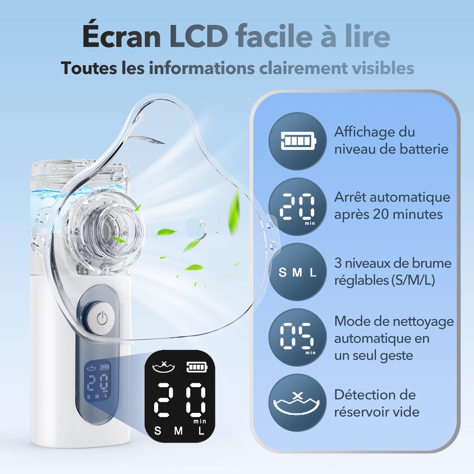 Nebulisateur Portable pour Adultes et Enfants - Inhalateur Silencieux Rechargeable avec 3 Niveaux, Auto-Nettoyage, 2 Masques (Adulte/Enfant) et Embout Buccal - Pour la Maison, le Bureau et les Voyages