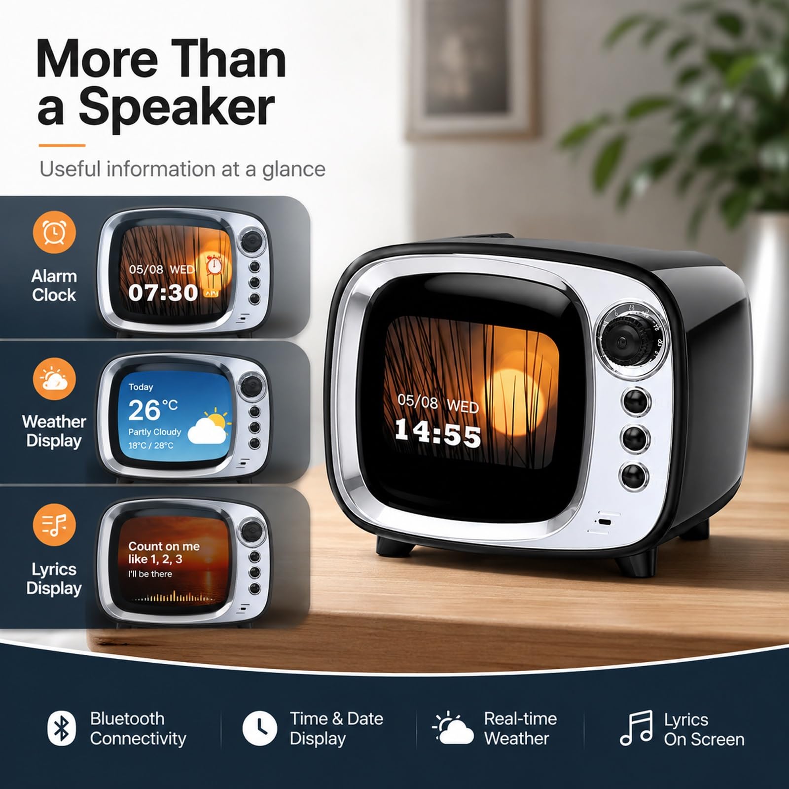 Generisch Cassa Bluetooth Retro con Sveglia Intelligente, Altoparlante Wireless Vintage con Display di Testi e Meteo, Suono HiFi, Regali Uomo Tech Oggetti Particolari(Green)
