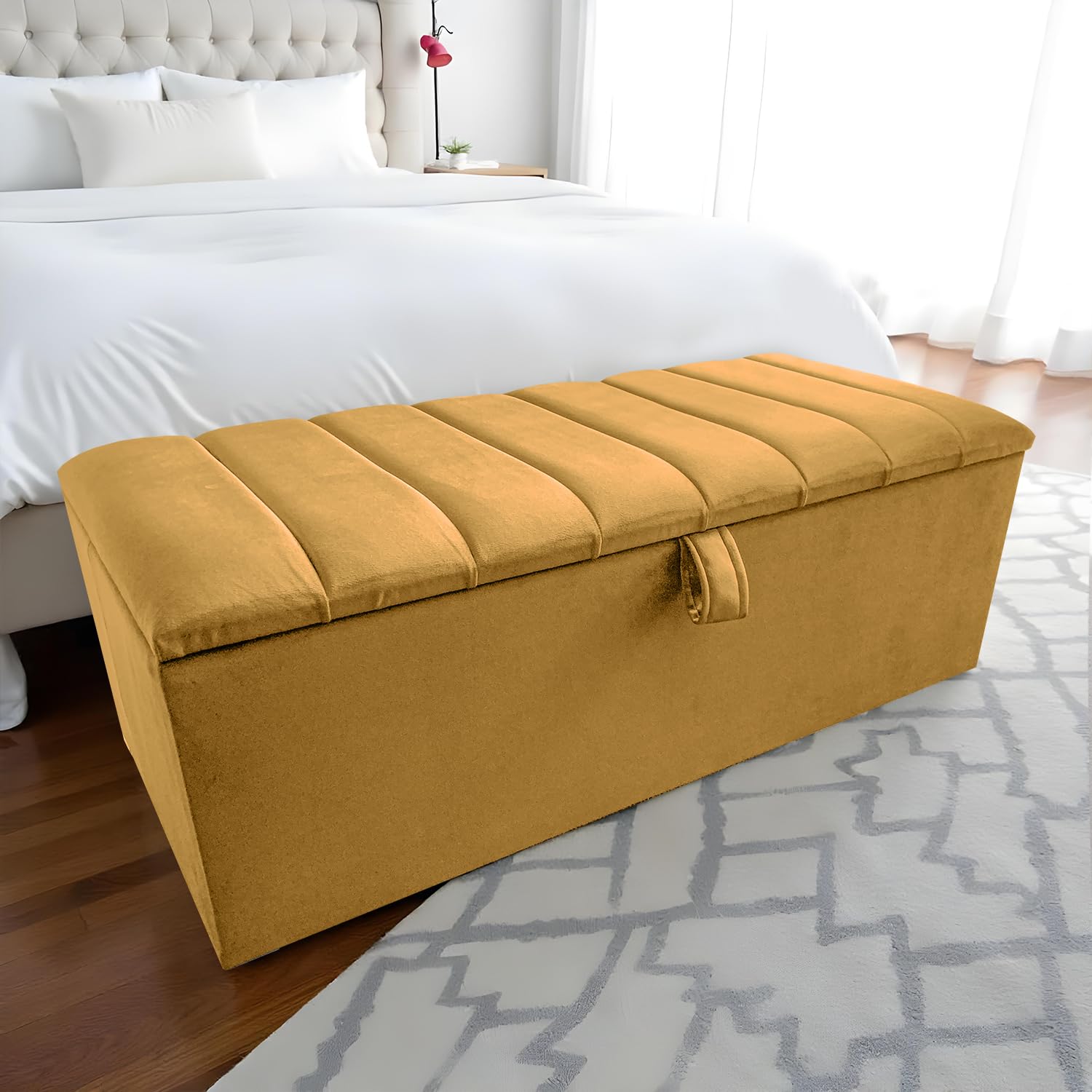 Harveys Living 102cm Panel Velvet Storage Ottoman, Mustard, Floor Standing