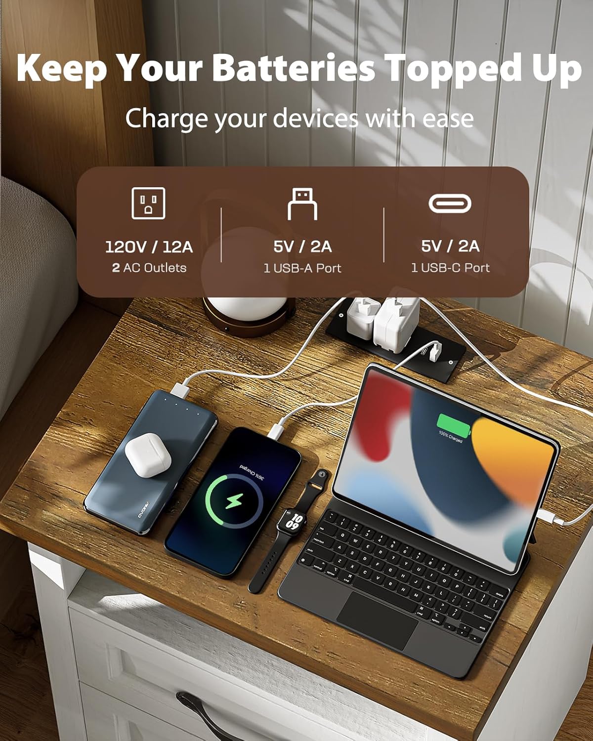 Amada Farmhouse Nightstand with Charging Station, Set of 2, Bedside Table with 2 Drawers, USB A Port, USB C Port& 2 AC Outlets, Rustic Farmhouse End Table for Bedroom, Brown & White - Image 4