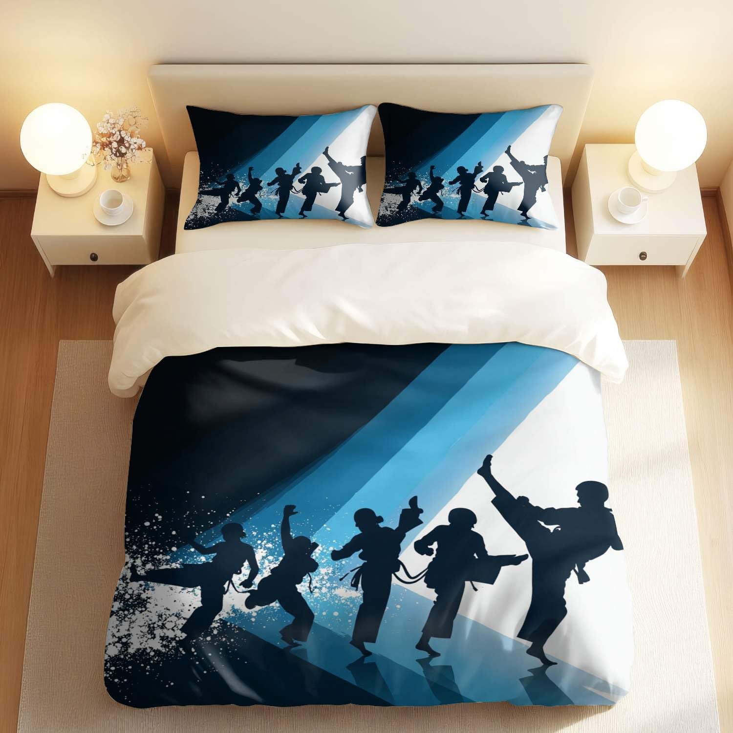Housse de couette 3 pièces avec motif arts martiaux lit 1 personne taies d'oreiller 50x75 cm