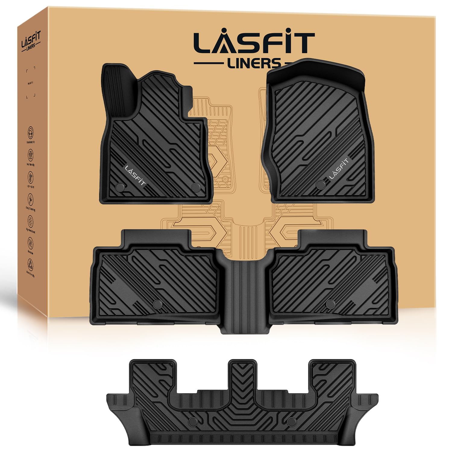LASFIT Floor Mats for Ford Explorer 2020-2026 7 Passenger TPE All Weather Protector Anti-Slip Floor Liners, 2026 2025 2024 2023 2022 2021 2020 Explorer 7 Seats Accessories, 1st& 2nd& 3rd Row, Black