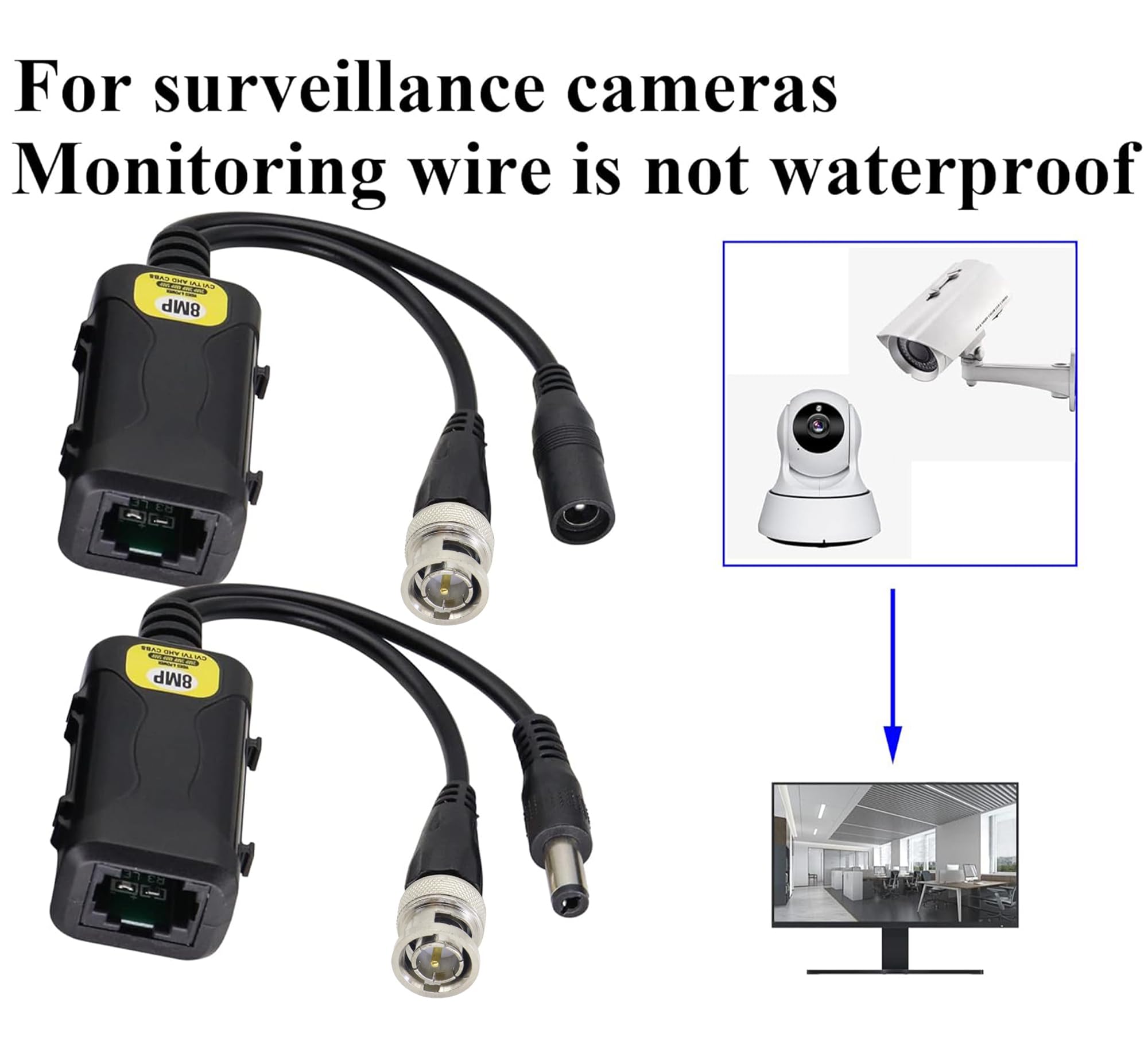 HD Video Balun BNC Macho a RJ45 Hembra Full HD RJ45 Hembra a BNC/DC Adaptador Cámara de Vigilancia Analógica Transceptor de Red para Todos los Equipos de Video (16.5 cm/4 pares)
