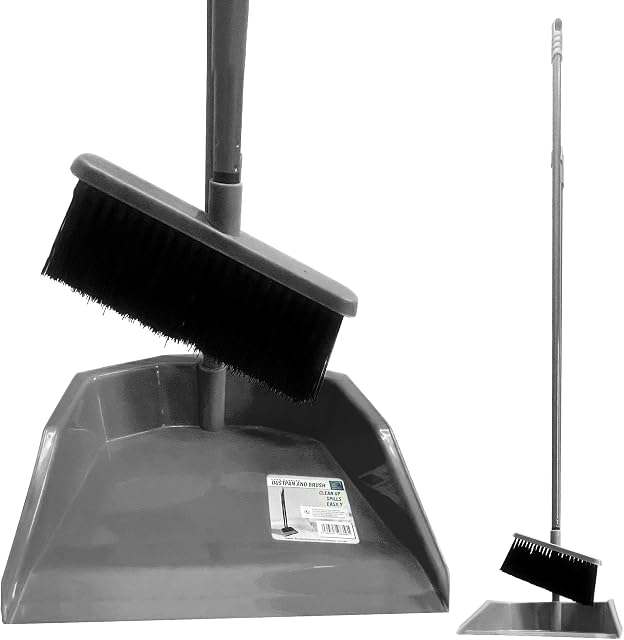 Long Handled Dustpan and Brush Set, Indoor Broom and Dustpan Set with Soft Sweeping Brush and Upright Dust Pan, Tall Dustpan and Brush Set House Cleaning Kit for Kitchen and Lobby (Silver)