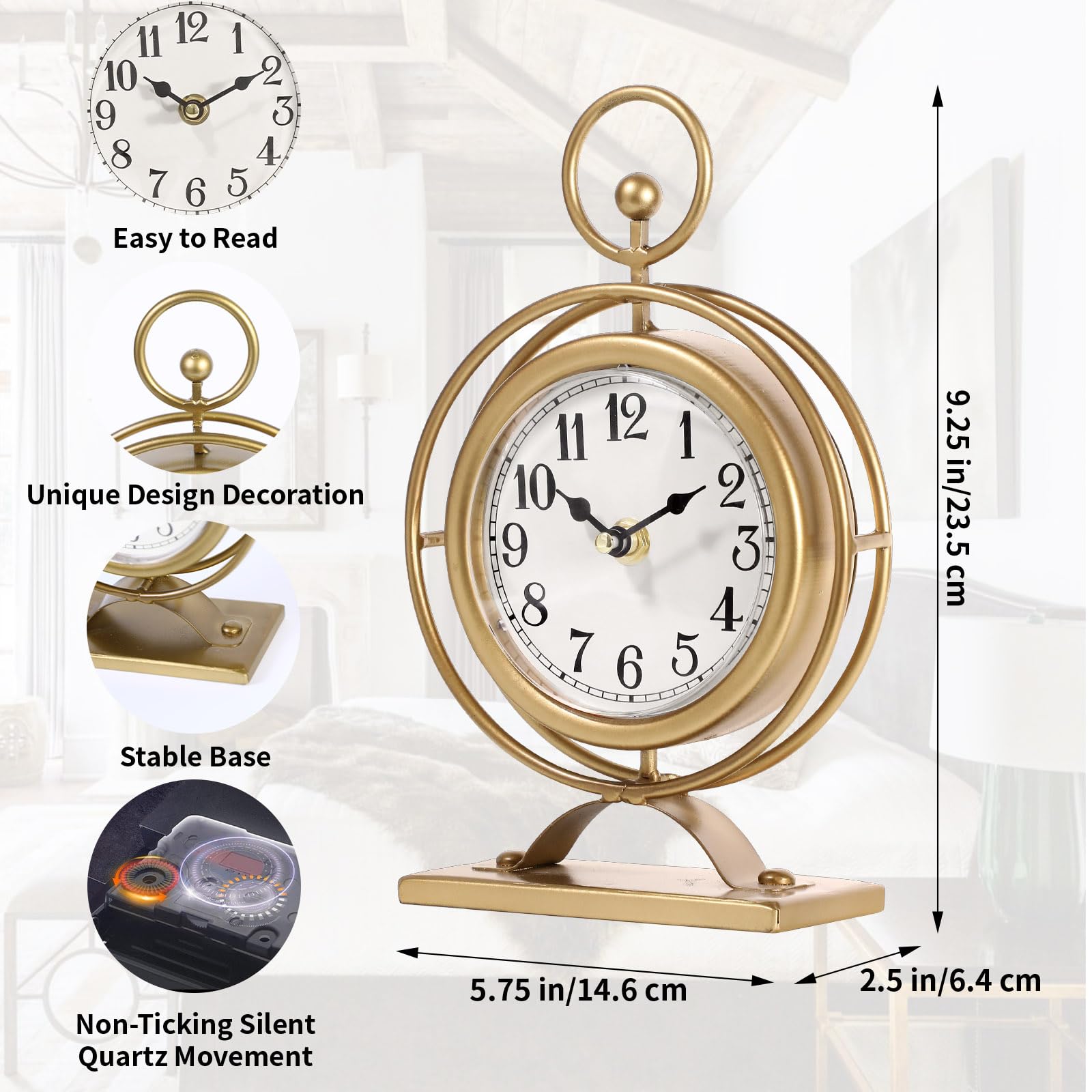 JUMBO HUMBLE Vintage Table Clock on Stand, Decorative Metal Desk