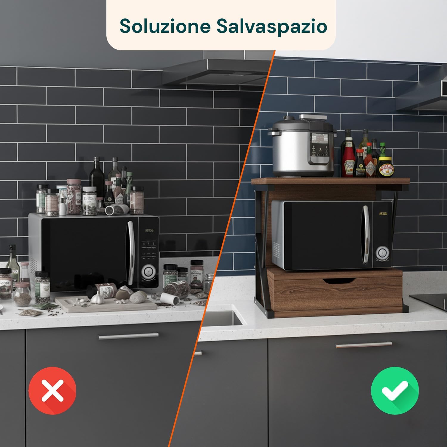 Modern Microwave Kitchen Cabinet with Space-Saving Drawer and Shelf in Wood and Steel for Microwave Oven Air Fryer and Kitchen Shelf