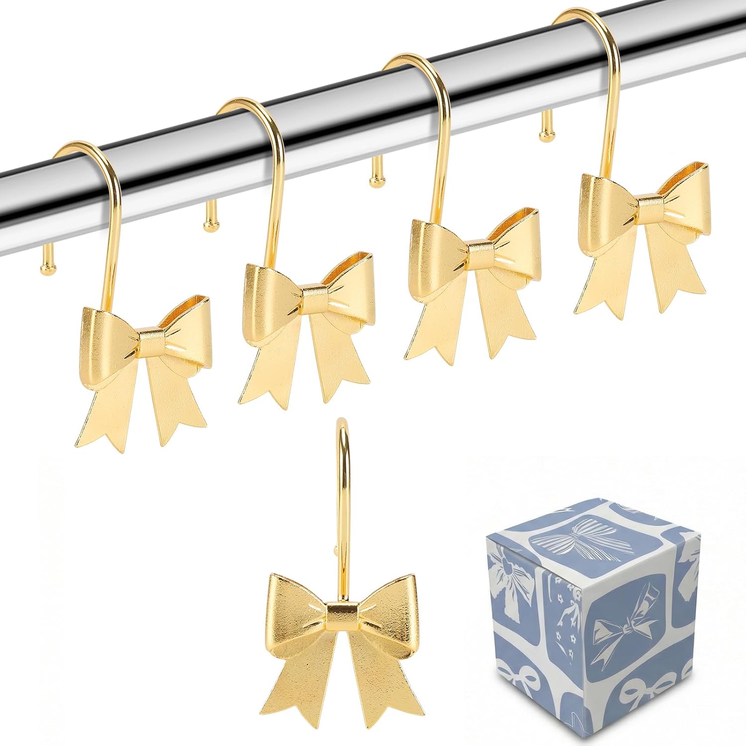 Bow Shower Curtain Hooks, 12-Pack Gold Metal Decorative Bow Knot Rings