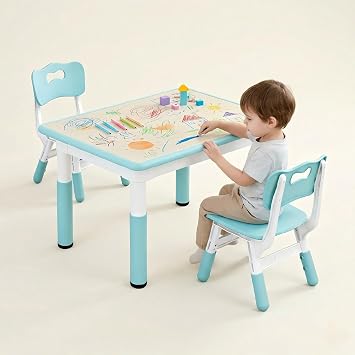 Kids Table and 2 Chairs Set, Height Adjustable Toddler Desk 31.5" L x 23.6" W and Chair Set, Graffiti Desktop, Classroom/Daycare/Home, Children Multi-Activity Table for Ages 3-8 Blue