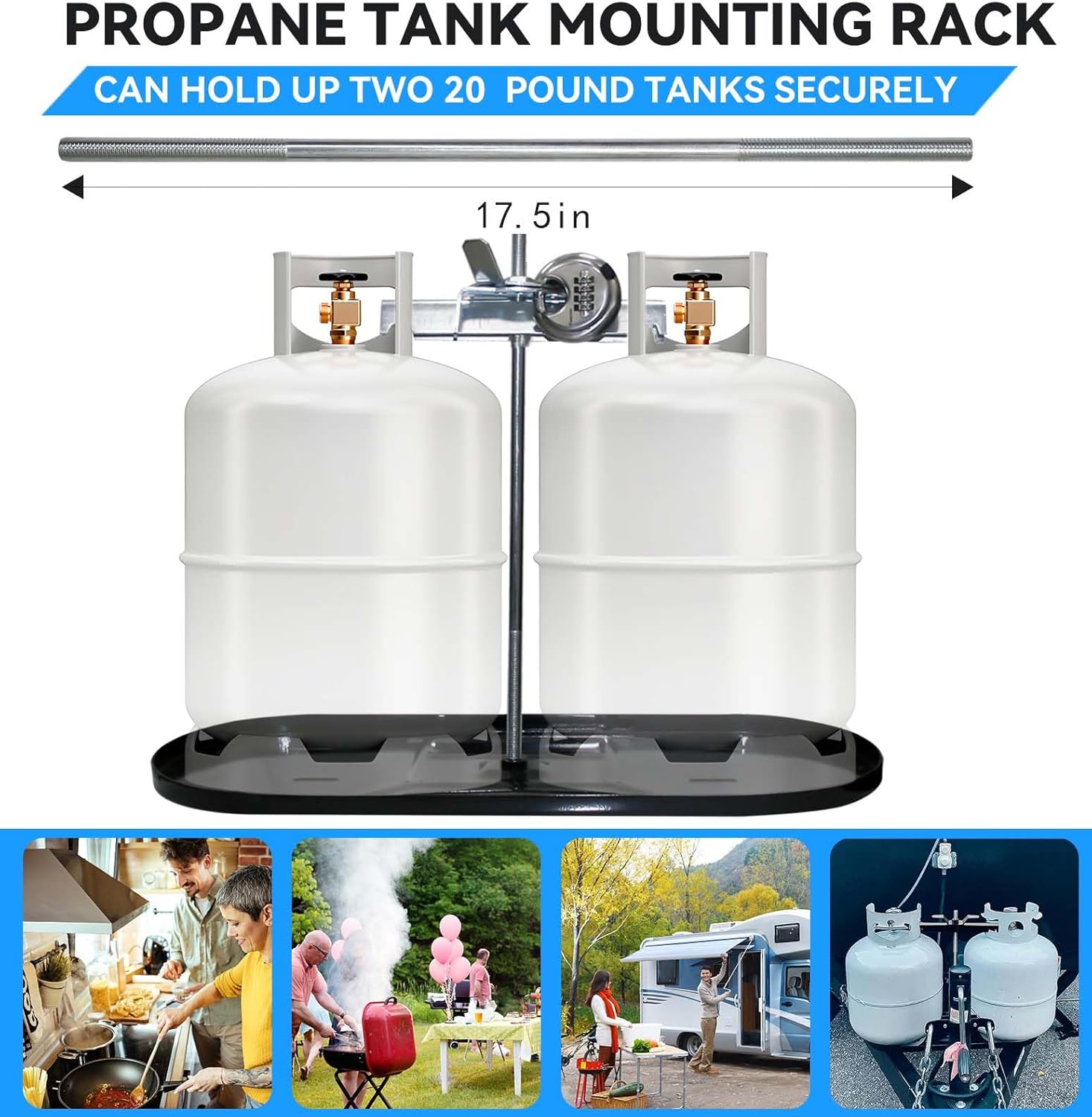 RV Dual Propane Tank Mounting Rack with Locking Device for 20lbs Tanks for Travel Trailer Hitch Frame, Black-Lock