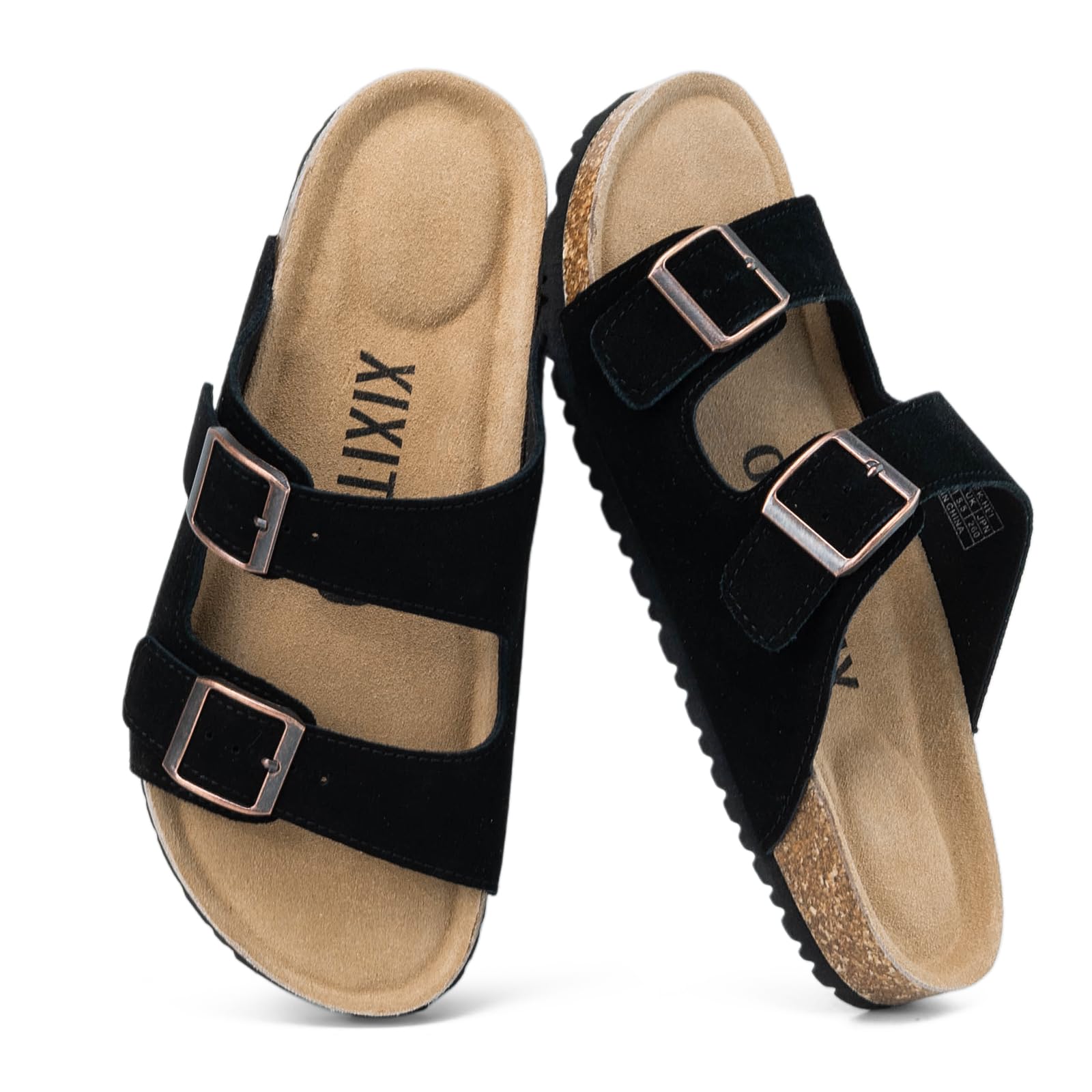 XIXITIAO Wildleder Sandalen für Damen mit Verstellbarer Doppelschnalle, Kork Fußbett Flache Pantoletten mit Fußgewölbeunterstützung und Korkfußbett, Rutschfeste, leichte Schlappen Sommerschuhe