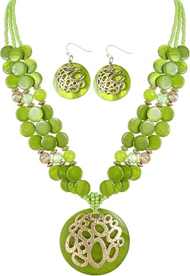 Gold/Silver plated Circle Metal Patterned Shell Pendant Necklace and Earrings Colorful Chunky Layered Shell Crystal Stone Beads Necklace Set for Women Leopard Print Brown Jewelry Set Gift