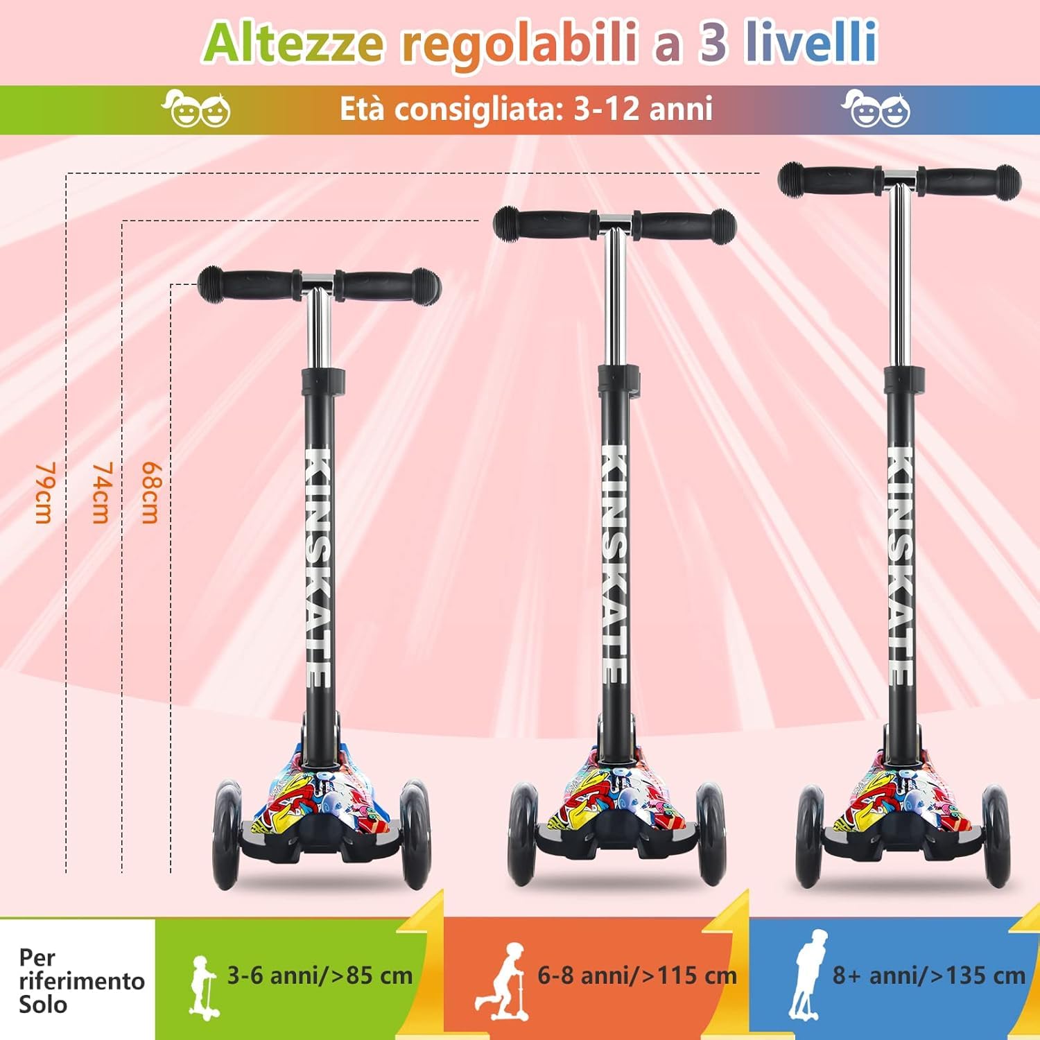Monopattino Bambini Pieghevole con 3 Ruote Luminose a LED - Regolabile in Altezza per bambini da 3 a 12 anni - Carico Massimo 50kg giochi bambini