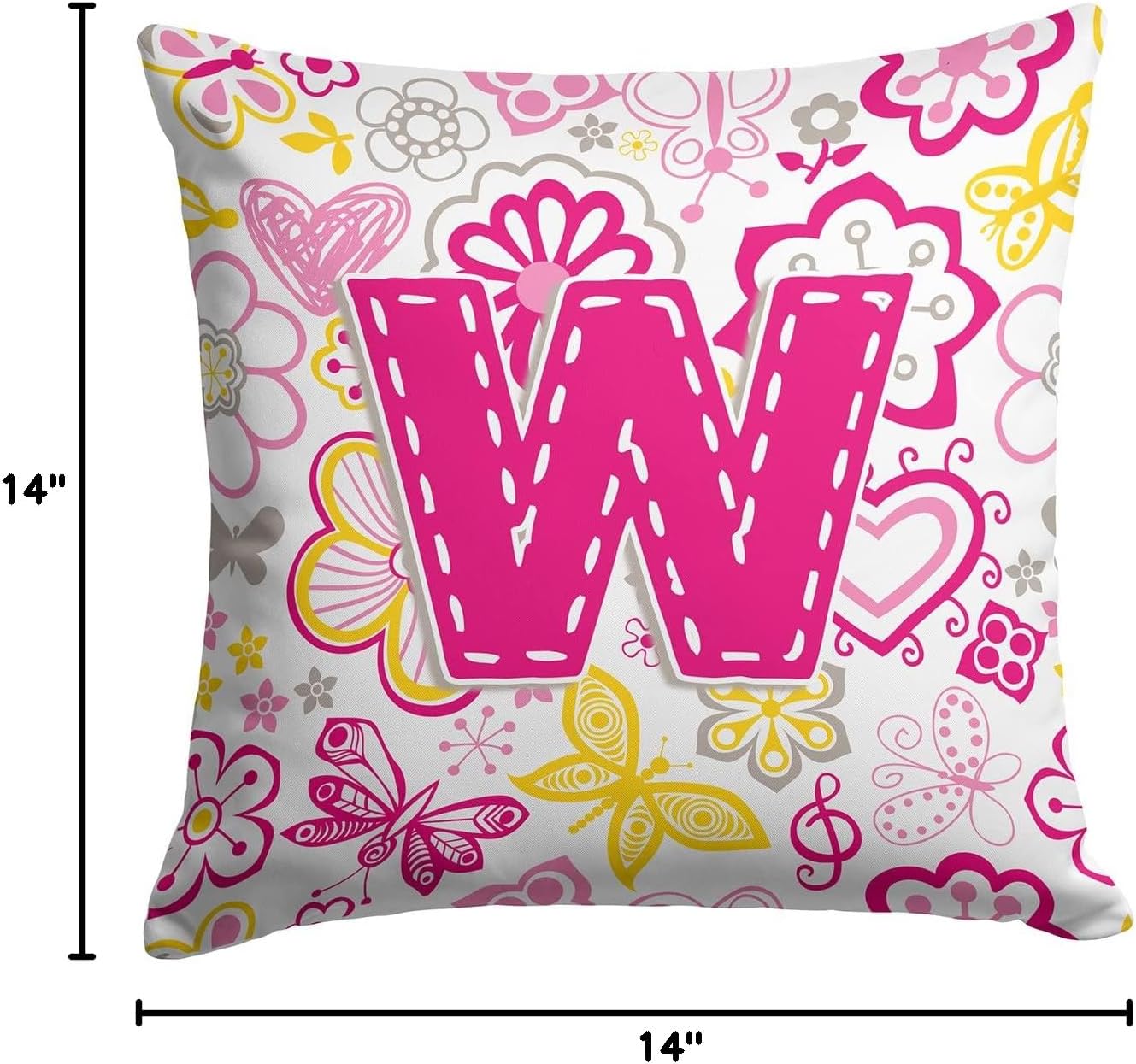 Caroline's Treasures CJ2005-WPW1414 Letter W Flowers and Butterflies Pink Fabric Decorative Pillow 100% Machine Washable Pillow, Indoor or Outdoor Decorative Throw Pillow for Couch, Bed or Patio