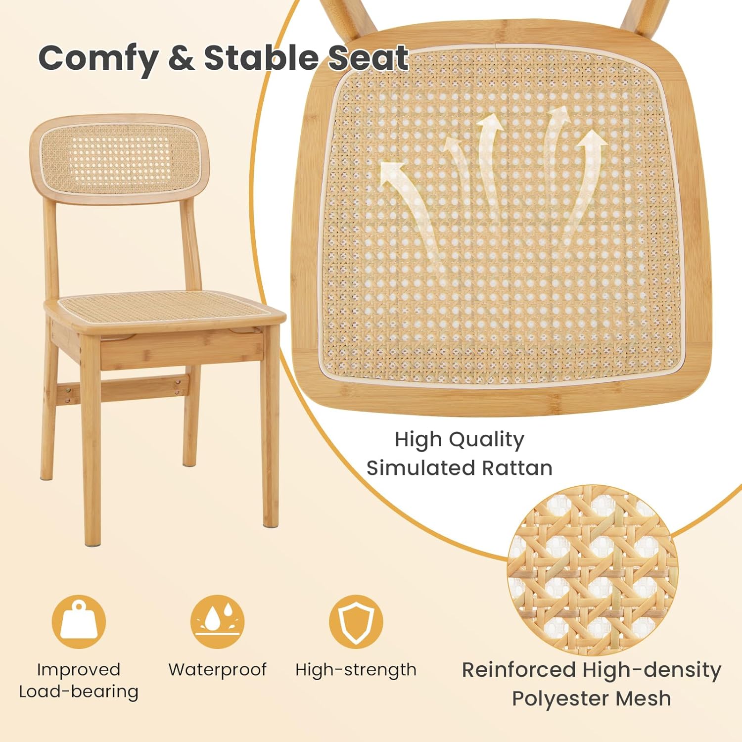 Giantex Rattan Dining Chairs Set of 2, Boho Cane Kitchen Chairs, Max Load 300 Lbs, Bamboo Armless Dining Room Chairs