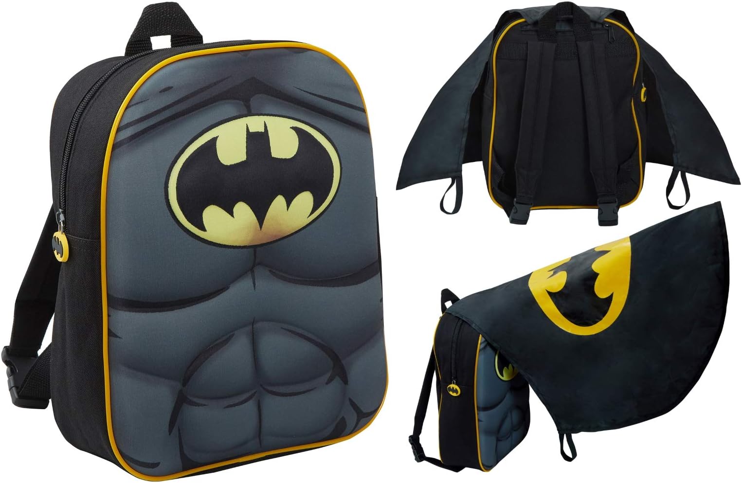 Boys Batman Backpack for Back to School with 3D Chest and Foldable Bat Cape Kids DC Comics Rucksack Travel Bag