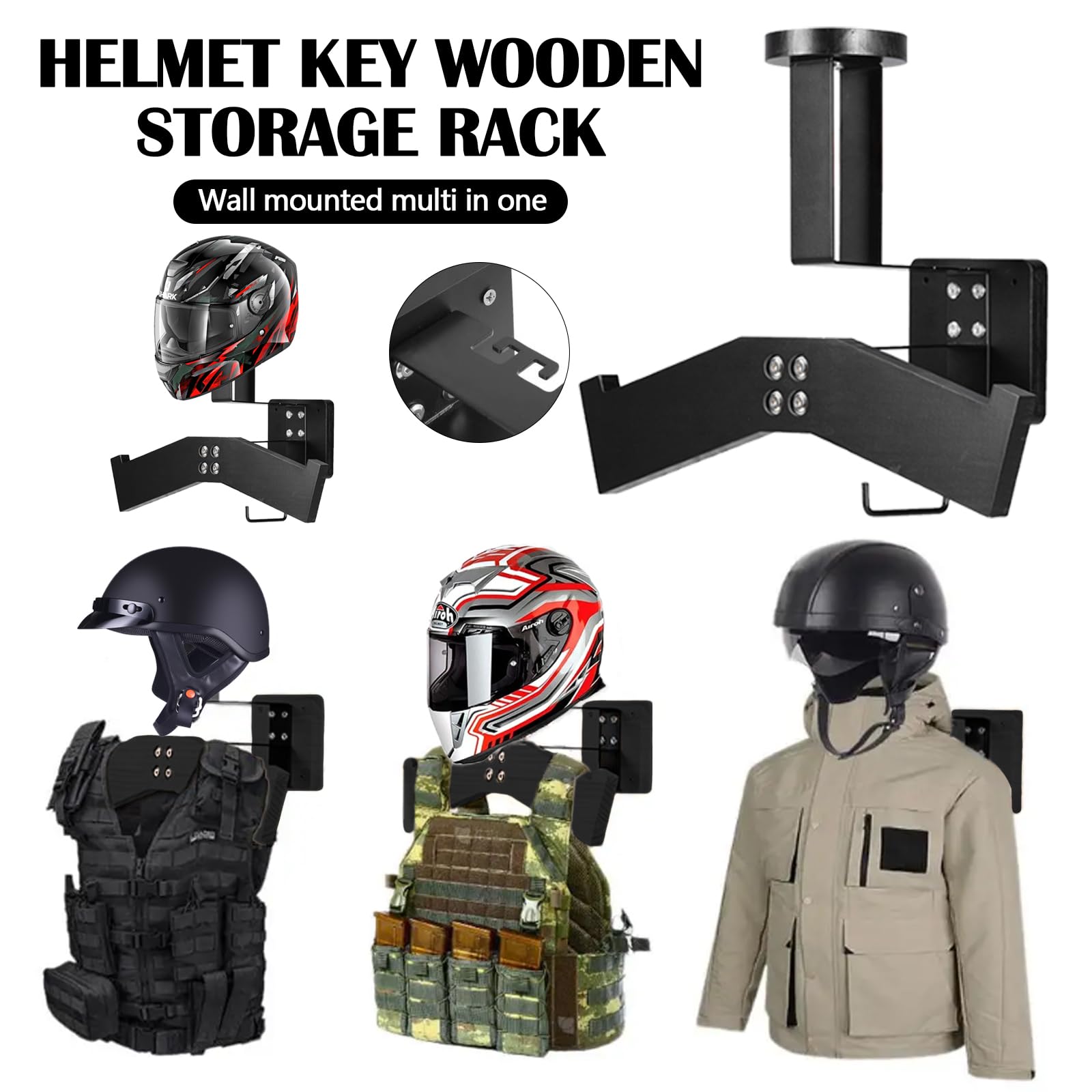 Porta Casco Moto da Parete, Gilet Tattico, Appendiabiti Espandibile, Organizzatore Multifunzionale per Accessori di Biciclette e Moto