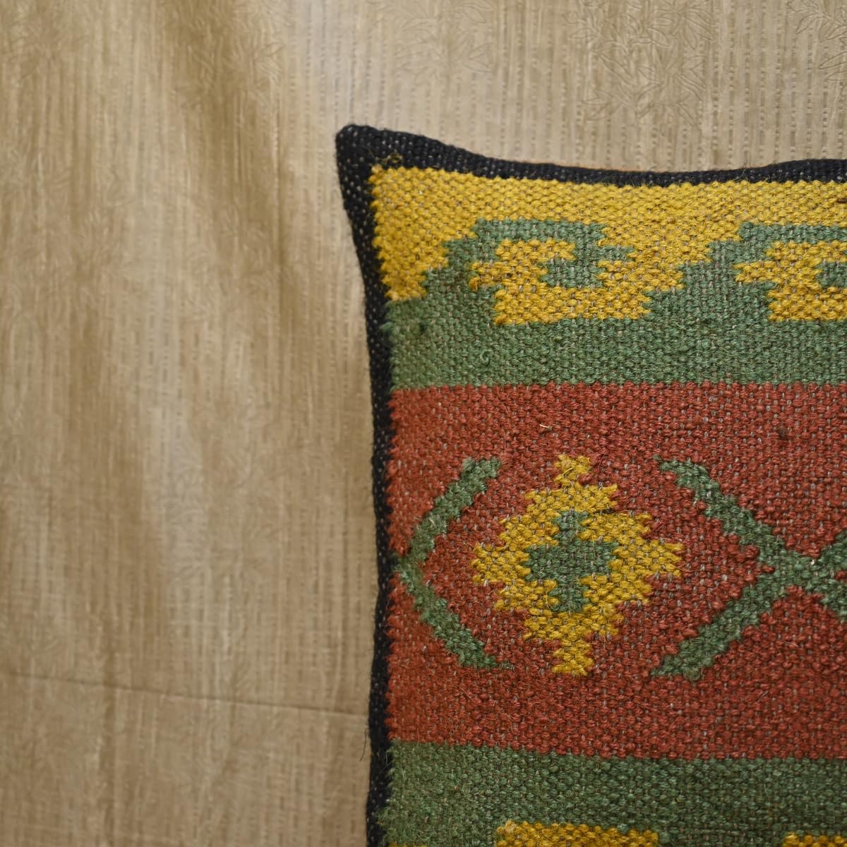 Jaipur Kilim Rugs Klim Jute Pillow Cover 18x18 Boho Tribal Decorative Throw Pillow Case, Handwoven Kilim-Style Burlap Cushion Cover for Sofa (Cover Only) (1, WKJ_Multi Colour_C_22)