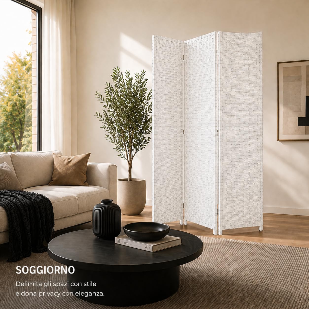 Separè da Interno 3 Pannelli 180X135h CM - Divisorio per Ambienti, in Plastica, Struttura in Legno, Motivo Intrecciato, Autoportante, per Soggiorno, Ufficio, Camera, Pieghevole - (Bianco)