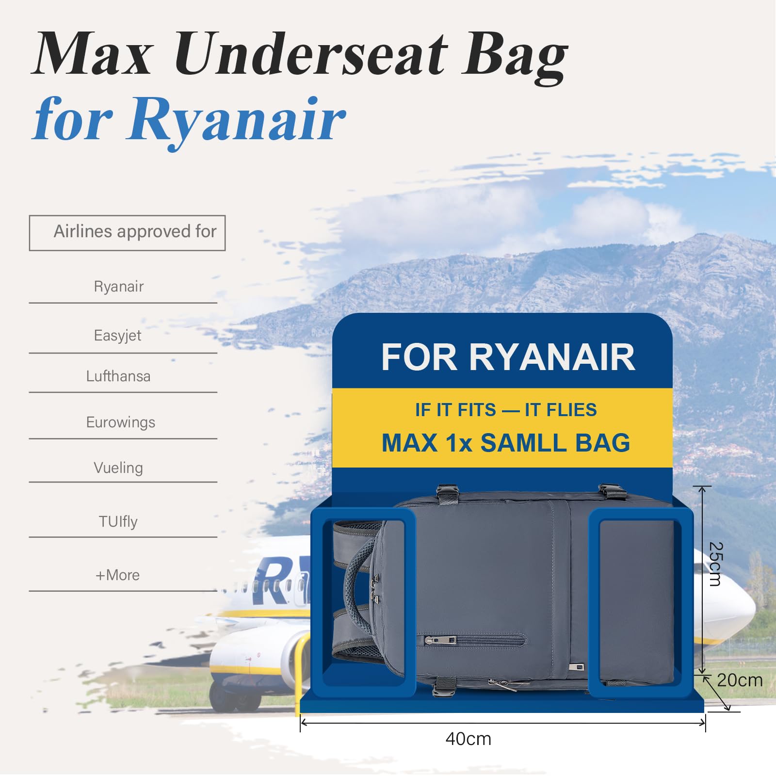 VMIKIV per Zaino Ryanair 40x20x25 Zaino da Viaggio Bagaglio a Mano 40x20x25 con Ryanair Zaini Casual per Aereo Zaino Antifurto Donna Uomo Borse da Cabina per Scuola Università