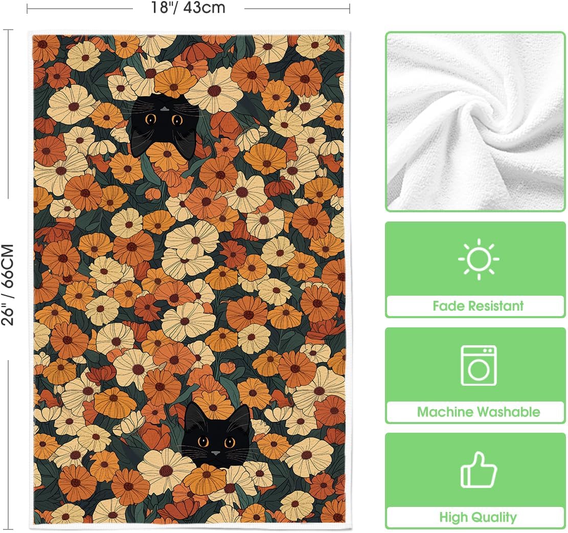 Artoid Mode Flowering Shrubs Black Cat Floral Spring Kitchen Towels Dish Towels, 18x26 Inch Farmhouse Summer Plants Decoration Hand Towels Set of 2 - Image 6