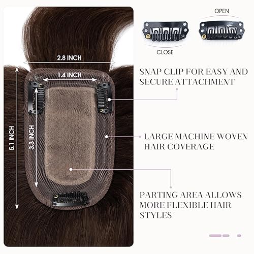 Miniatura 3 de Hairro Toppers de cabello humano con flequillo, clips en extensiones de cabello 100% real para mujeres, base de seda de 2.8 x 5.1 pulgadas para