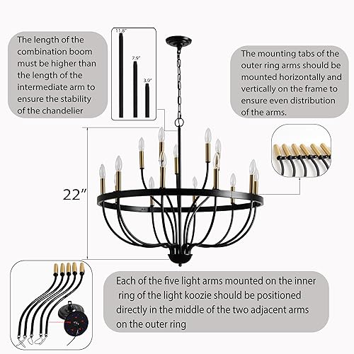 Miniatura 9 de Candelabro moderno de granja para comedor, 9 luces, lámpara de araña negra y dorada, lámpara colgante de altura ajustable para cocina, isla de