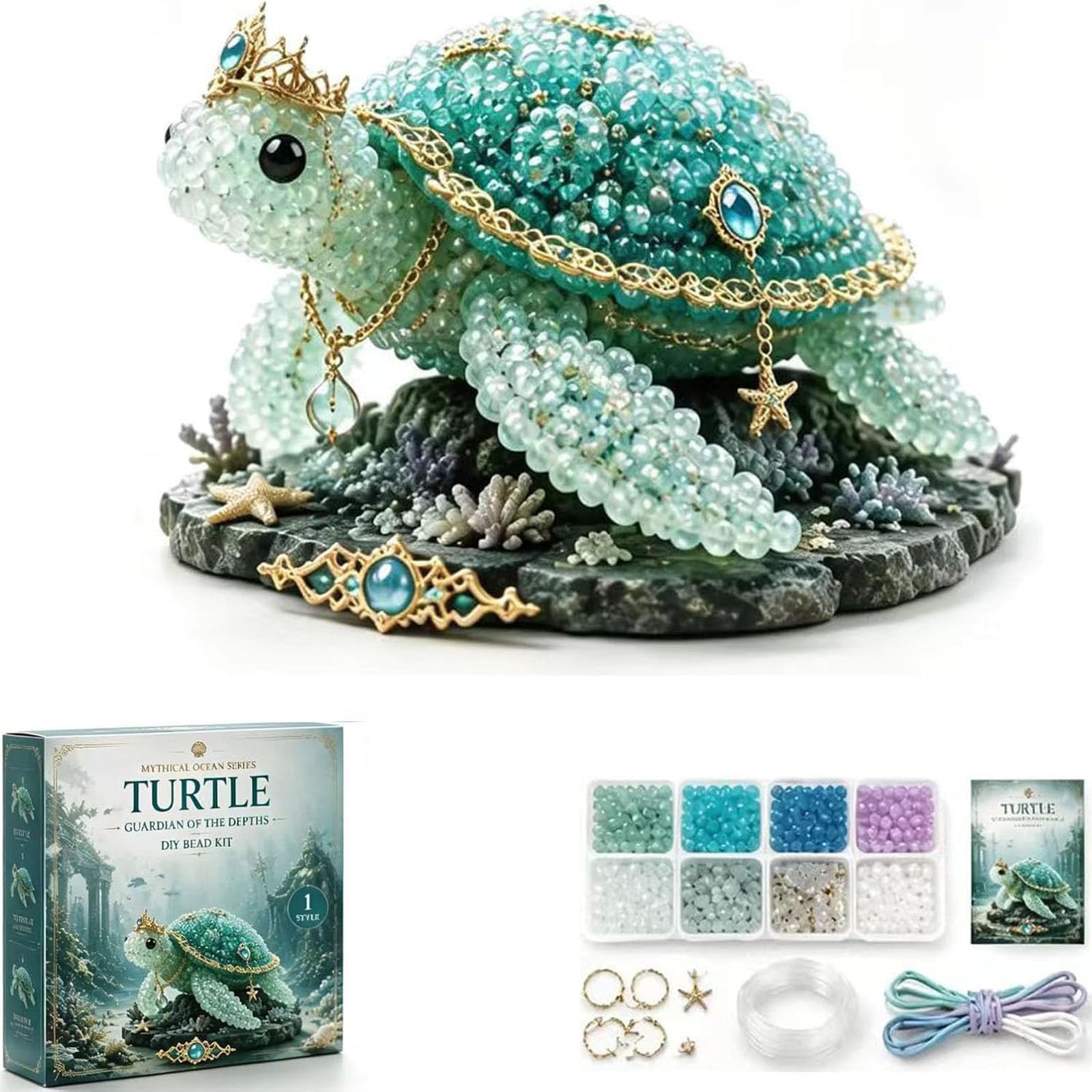 Mythical Ocean DIY Bead Kit for Beginners, 3D Beaded Animal Making Kit with Instructions, 8 Unique Sea Animal Designs with Glass Beads and Pattern Guide, Underwater Bead Embroidery Set (E1)