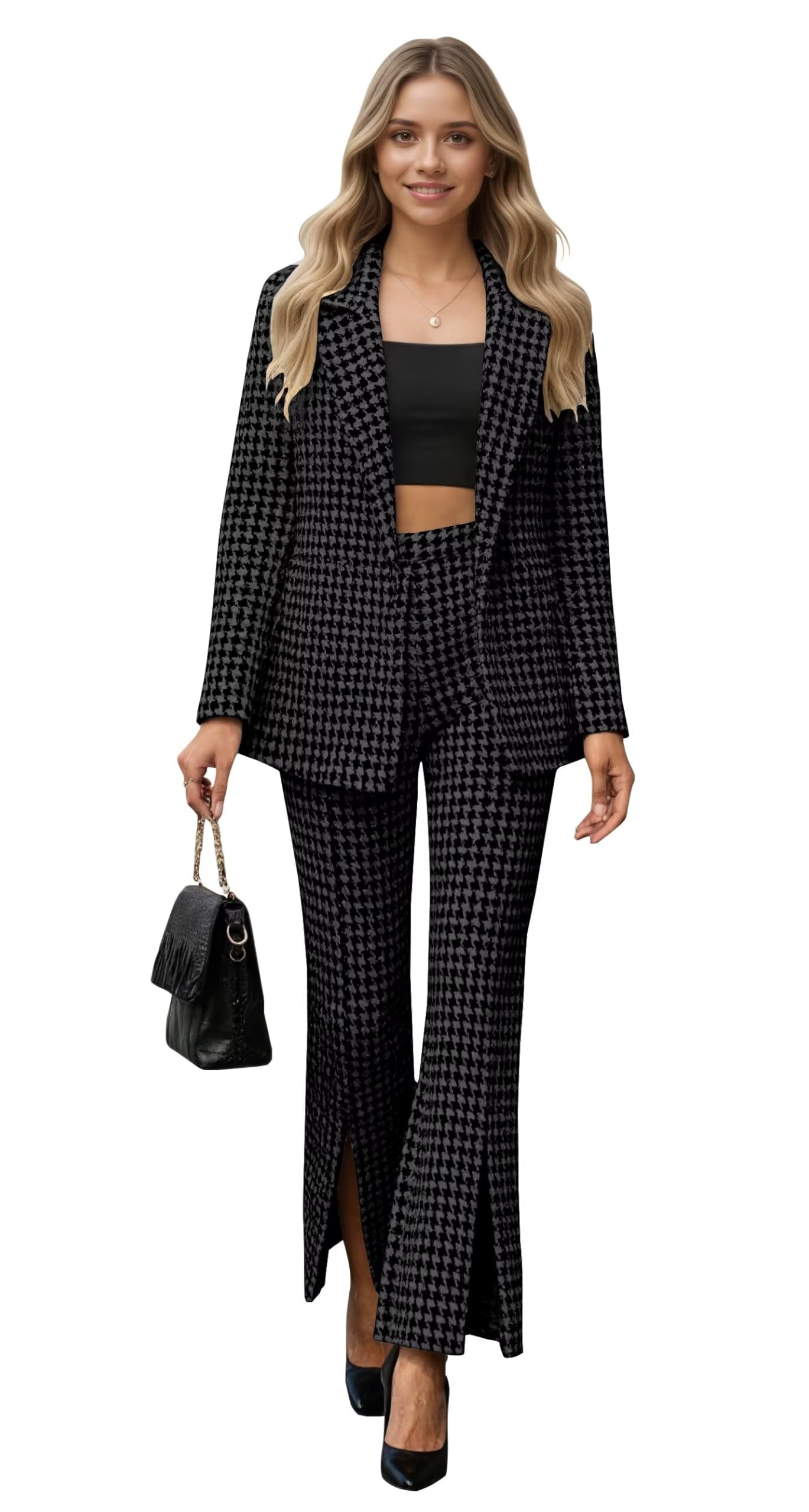 Plaid Suits for Women Casual 2 Piece Double Breasted Pant Womens Suit Winter Wool Bell Bottoms Suits