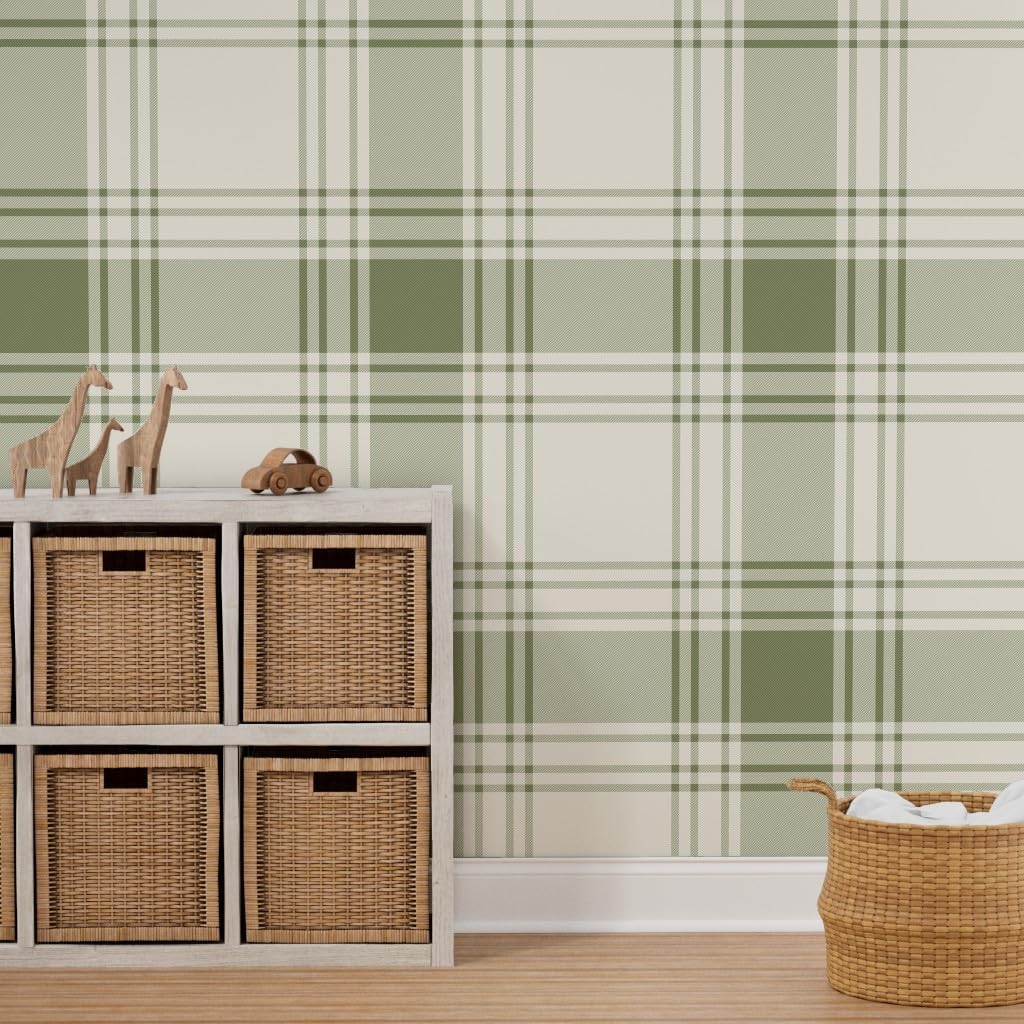 Peel & Stick Wallpaper 6ft x 2ft - sage Green Plaid,Large Scale,Simple Check,Heritage Classic,Farmhouse Tartan Custom Removable Wallpaper by Spoonflower