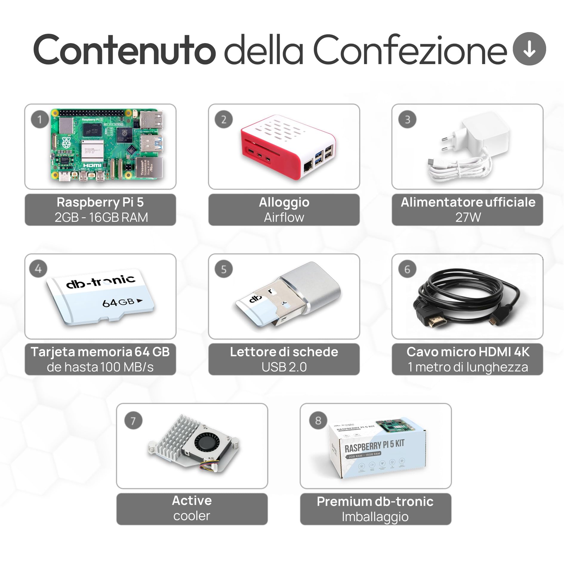 db-tronic Raspberry Pi 5 2 GB Cooler Kit | Edizione da 64 GB | Alimentatore da 27 W | Alloggiamento | Raffreddamento attivo | Micro HDMI 1 m | ideale per Home Assistant e la smart home