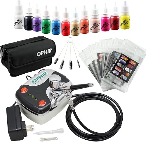 OPHIR Kit de aerógrafo de tinta de uñas de 0.012 in con plantilla de uñas y bolsa y cepillo de limpieza (negro)