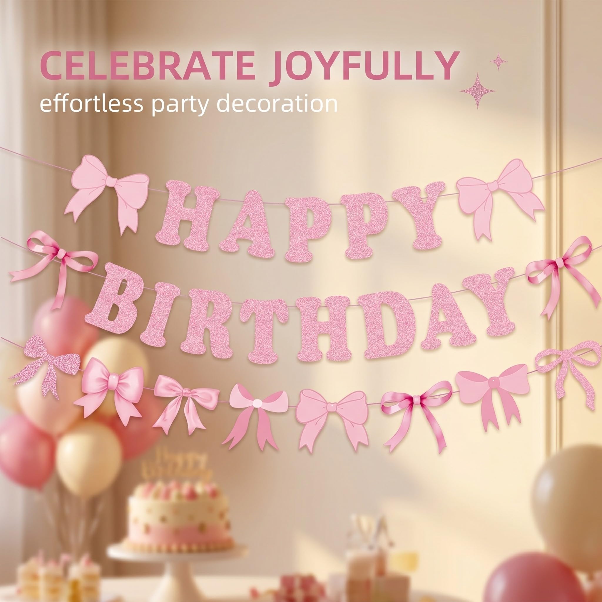Whaline Rosa Schleifen-Geburtstagsbanner Mit Glitzer – 2,5 M Vorbespannte Girlande – Für Babyparty & Kokette-Deko