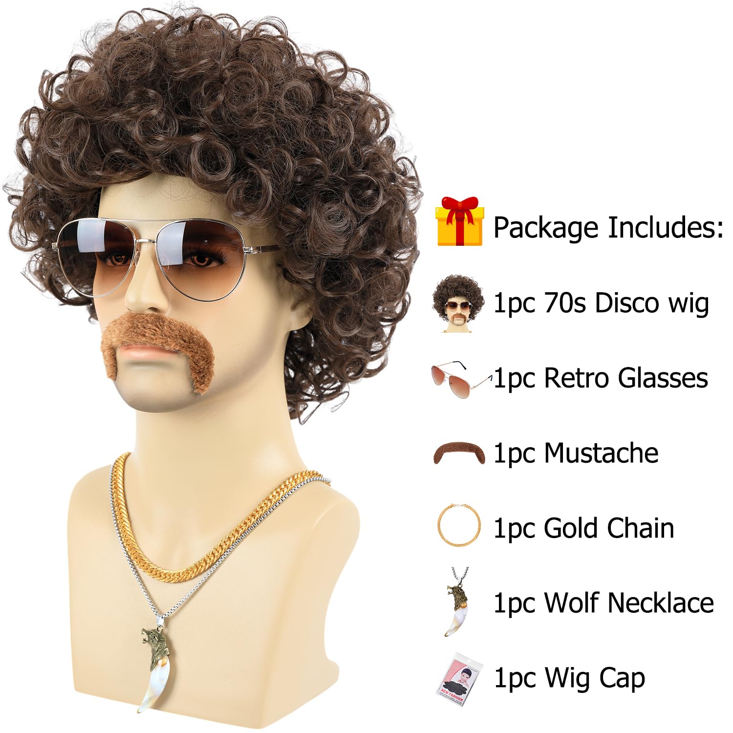 Bettecos 6pcs Set 70s 80s Disco wig with Mustache Sunglasses Necklace Golden Chain Short Curly Synthetic Hair Afro Mens Wig for 60s Rocker Hippies Costume Cosplay Halloween Party (Dark Brown)