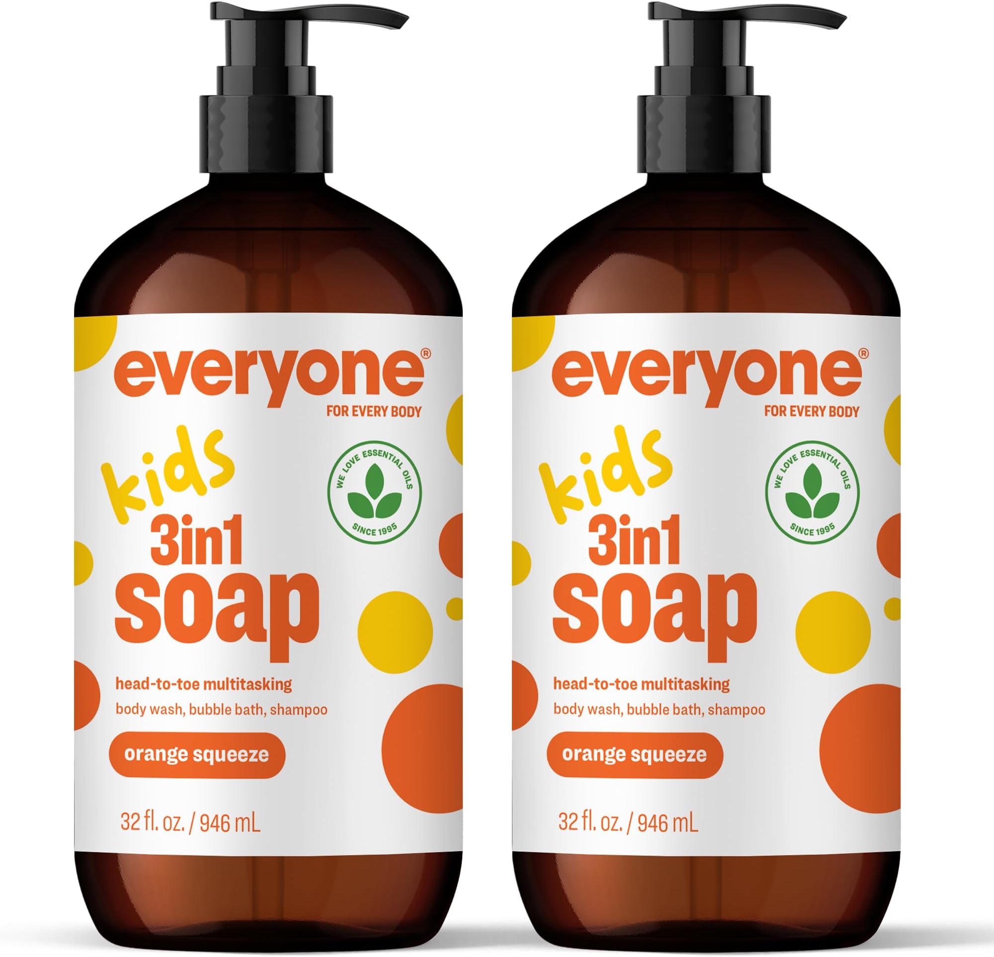 everyone for every body 3-in-1 Kids Soap, Wash, Bubble Bath, Shampoo, 32 Ounce (Pack of 2), Orange Squeeze, Coconut Cleanser with Organic Plant Extracts and Pure Essential Oils (Packaging May Vary)