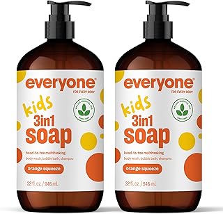 Everyone 3-in-1 Kids Soap, Body Wash, Bubble Bath, Shampoo, 32 Ounce (Pack of 2), Orange Squeeze, Coconut Cleanser with Organic Plant Extracts and Pure Essential Oils (Packaging May Vary)