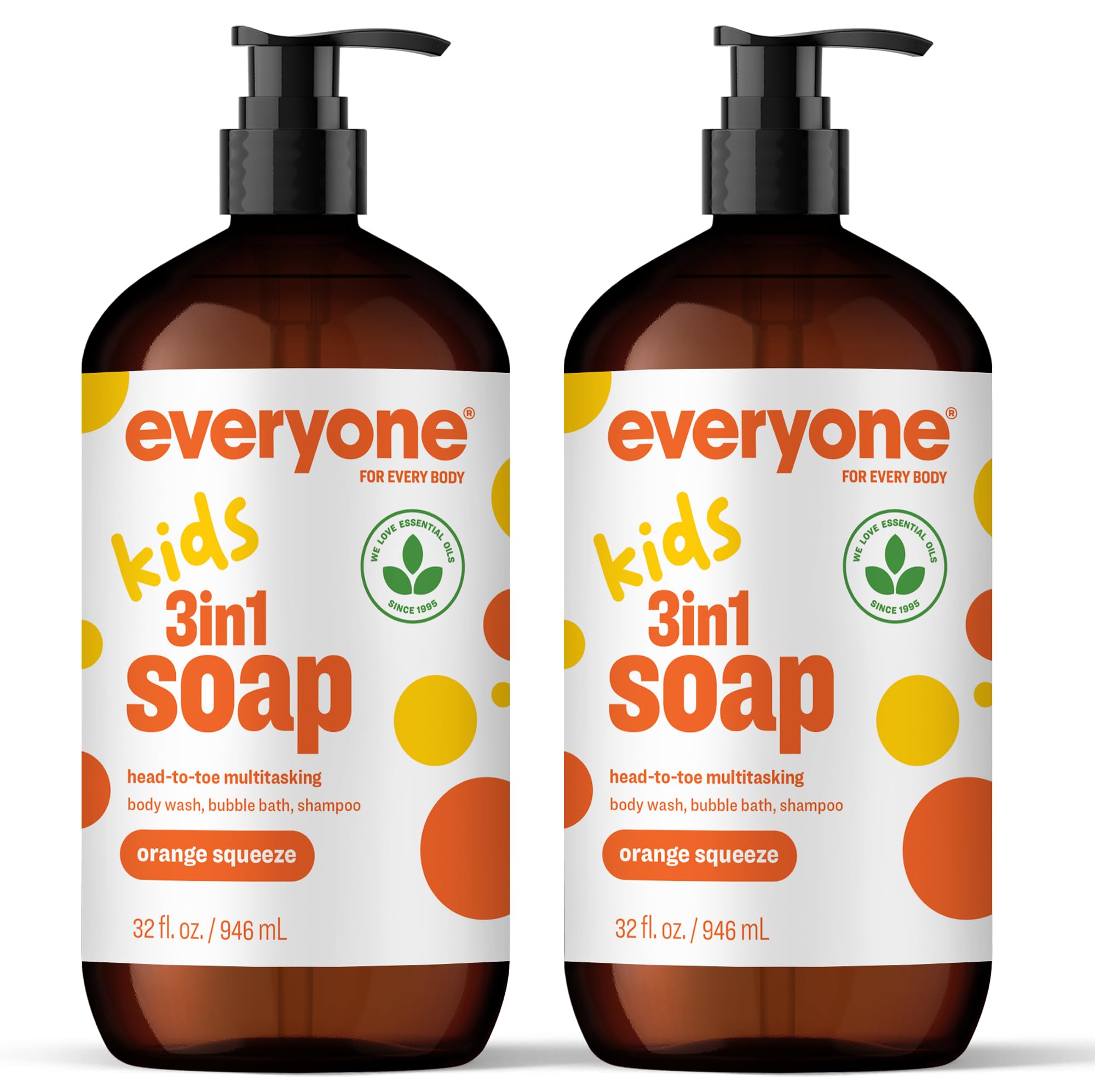 Everyone 3-in-1 Kids Soap, Body Wash, Bubble Bath, Shampoo, 32 Ounce (Pack of 2), Orange Squeeze, Coconut Cleanser with Organic Plant Extracts and Pure Essential Oils (Packaging May Vary)