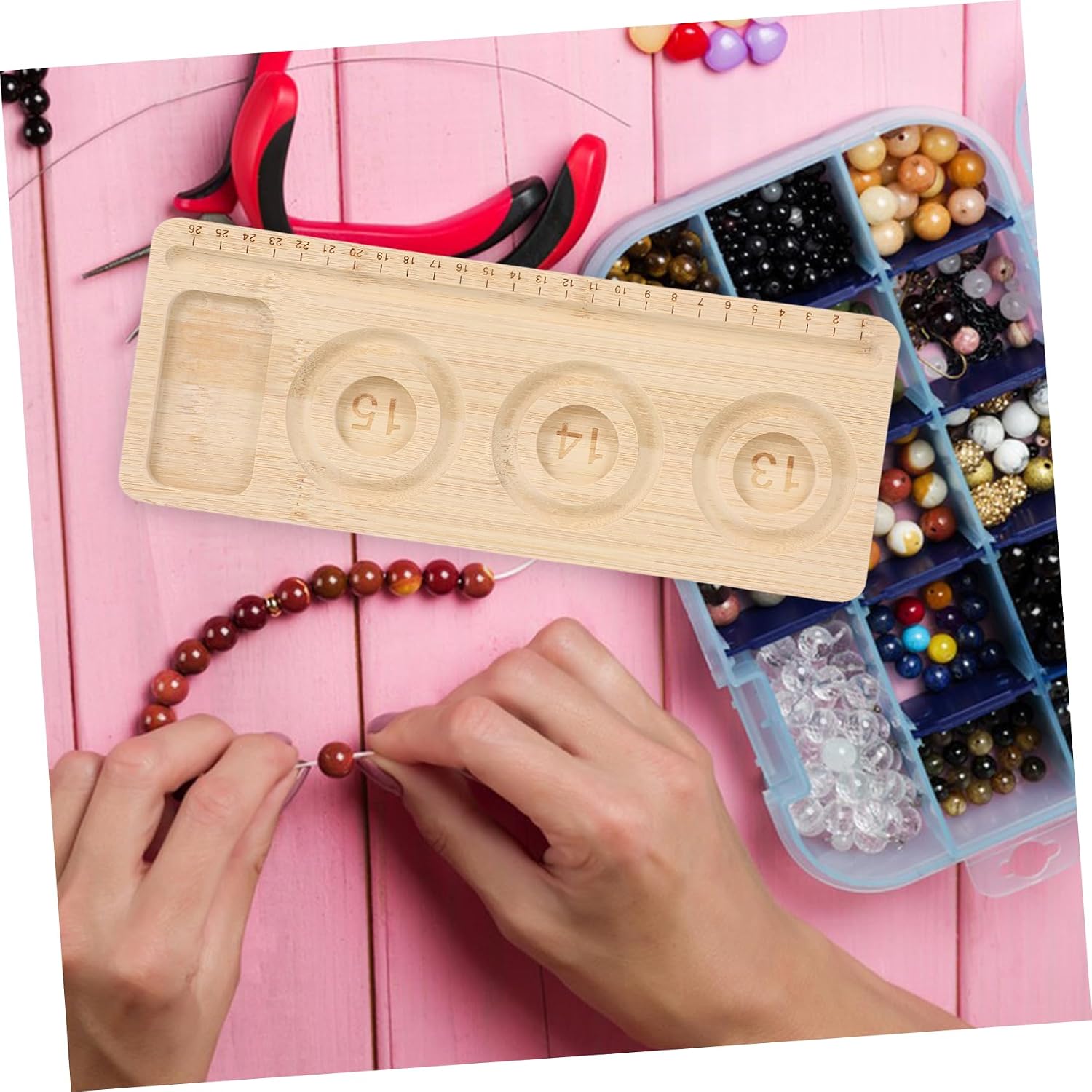 HOMSFOU Wood Beading Board for Jewelry Making Multi-Compartment Tray for Bracelets and Necklaces Natural Wood Bead Organizer Measurement Design for Crafting and Display
