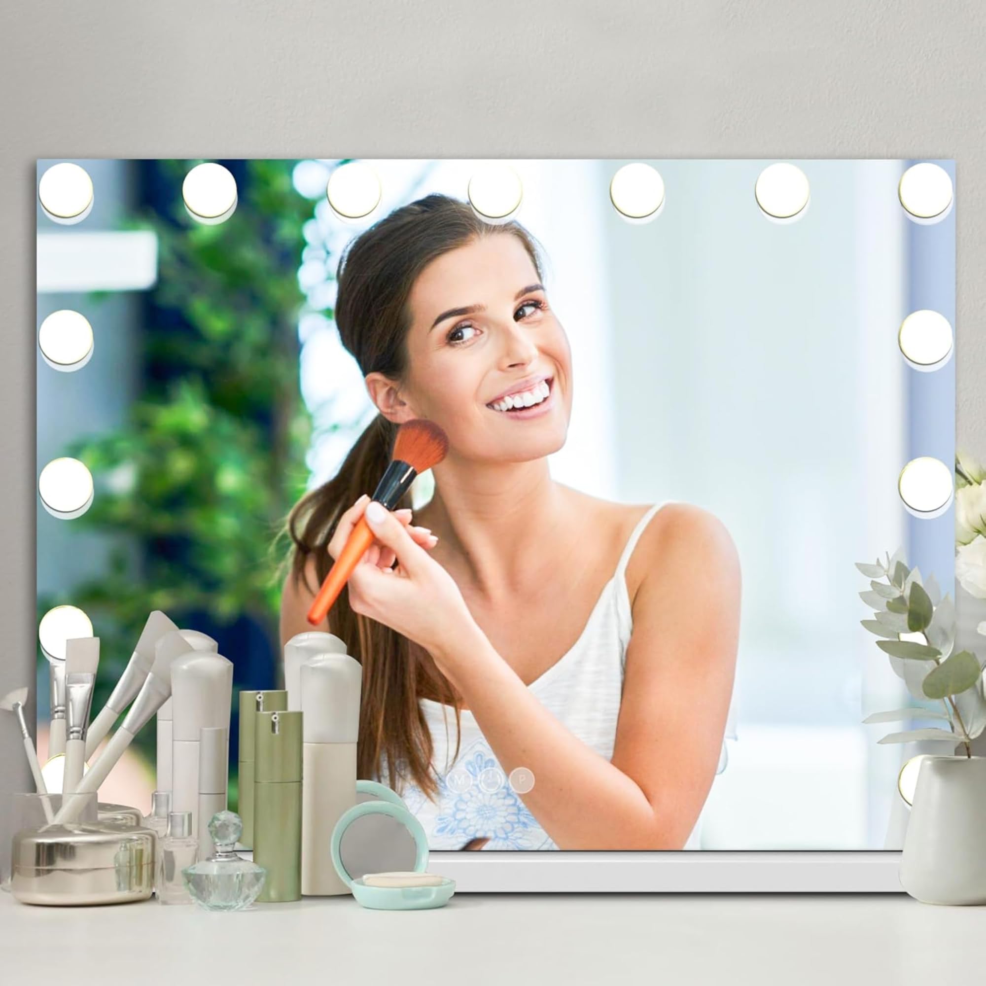 Bayt Miroir Hollywood Lumineux Grande Taille | 58x46 CM Miroir Coiffeuse Éclairage LED 3 Couleurs avec Commande Tactile Dimmable | Grand Miroir Maquillage pour Chambre, Blanc