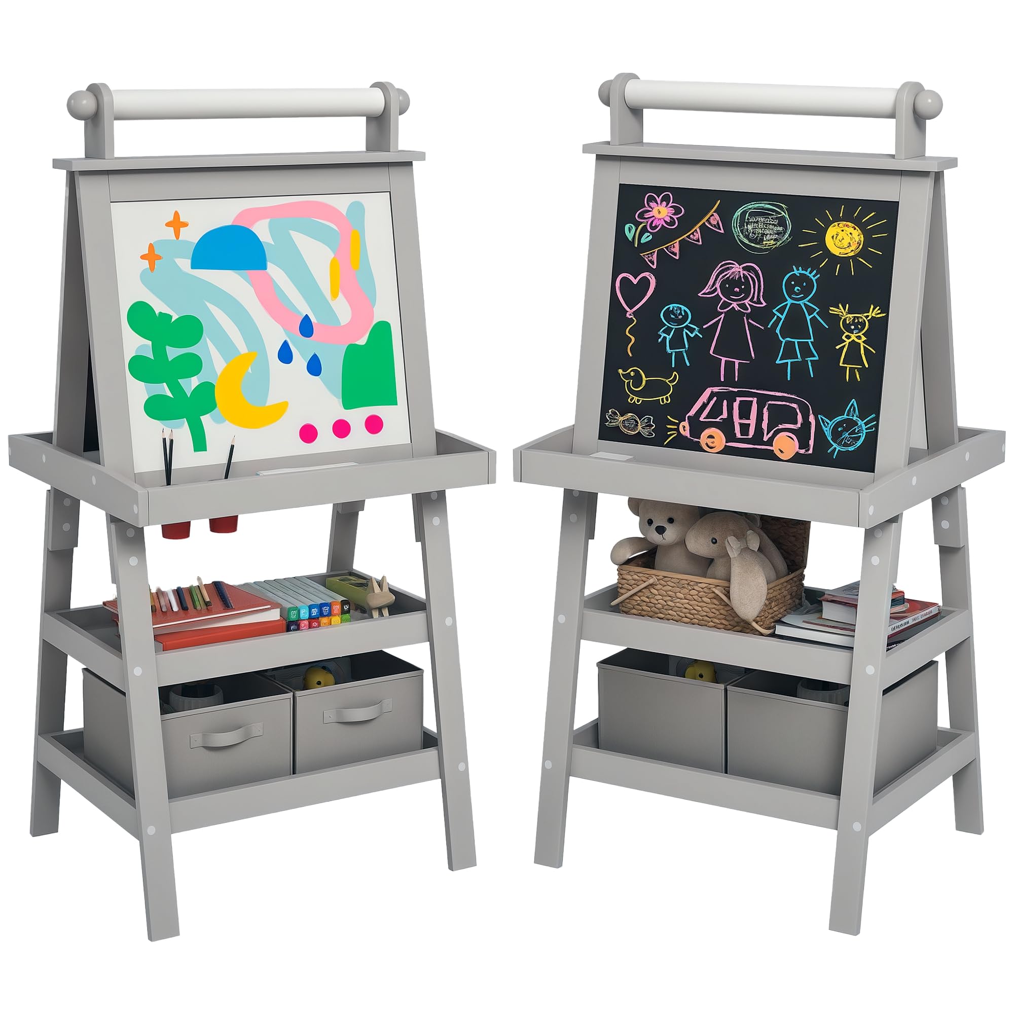 AIYAPLAY Pizarra Infantil Caballete 3 en 1 Pizarra Infantil de Doble Cara Magnética Caballete de Pintura para Niños con Rollo de Papel y Cestas de Almacenamiento 59x48x118 cm Gris