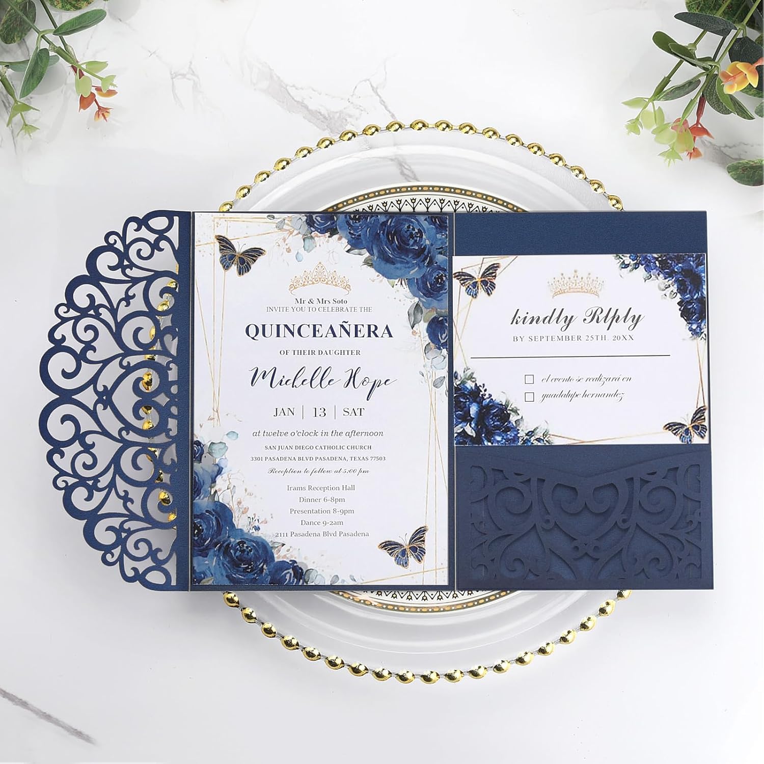 Dark Blue Invitations Envelopes 5x7 Custom Wedding Invitation Cards and Rsvp Cards Birthday Invitations Laser Cut Pocket Hollow Heart Shape for Party Invitations Engagement Sweet 16 Quinceanera 50PCS