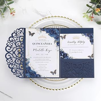 Navy Blue Wedding Invitation Cards and Rsvp Cards Laser Cut Sleeves 50pcs | Custom Birthday Invitations Envelopes 5x7 Hollow Heart Shape Party Invitations for Engagement Sweet 16 Quinceanera Wedding