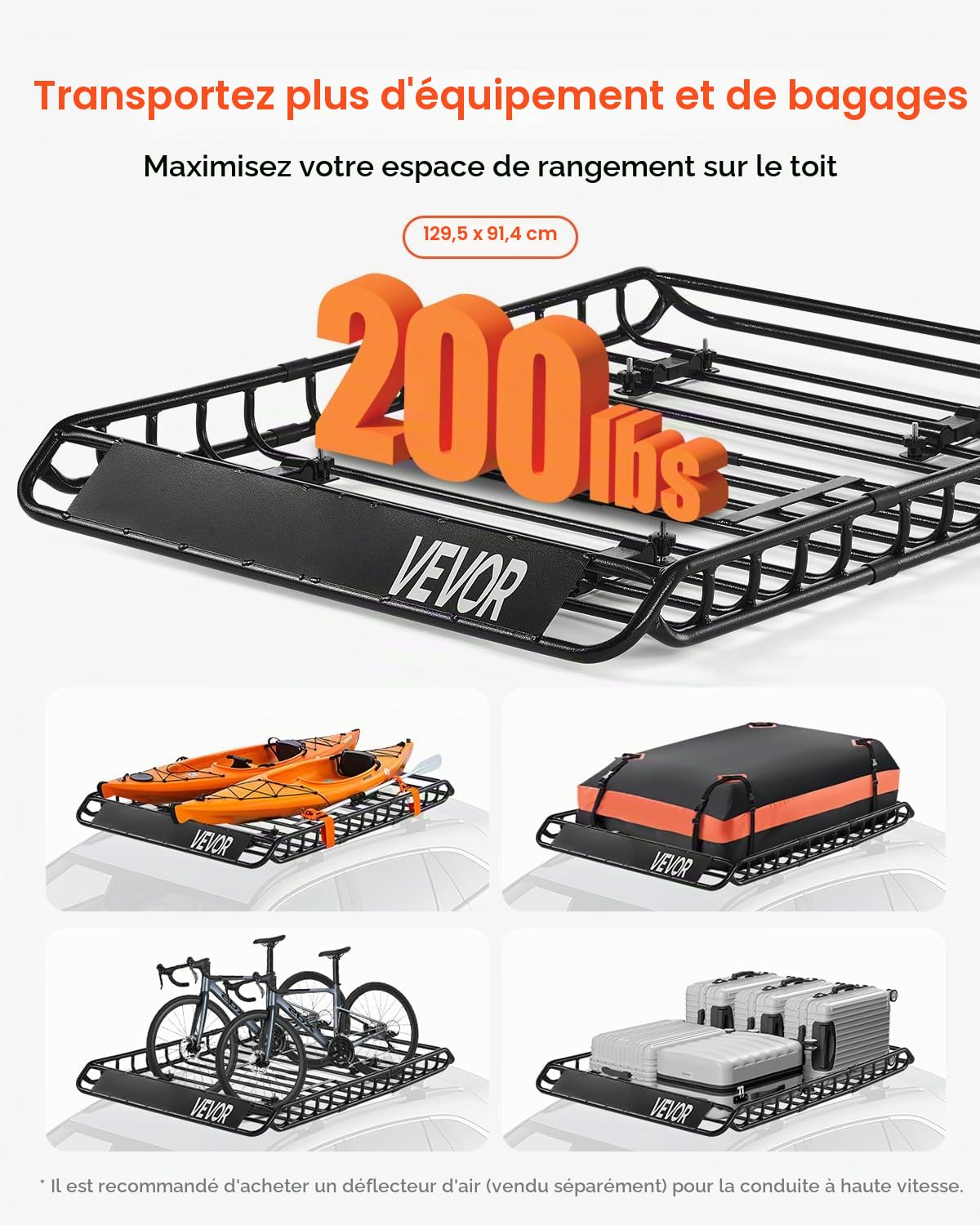 VEVOR Porte-bagage pour voiture, 1300 x 910 x 105 mm, panier de toit universel en acier allié avec sac de chargement de 1120 x 870 x 260 mm, filet et sangles à cliquet, charge 90,7 kg, pour SUV Camion